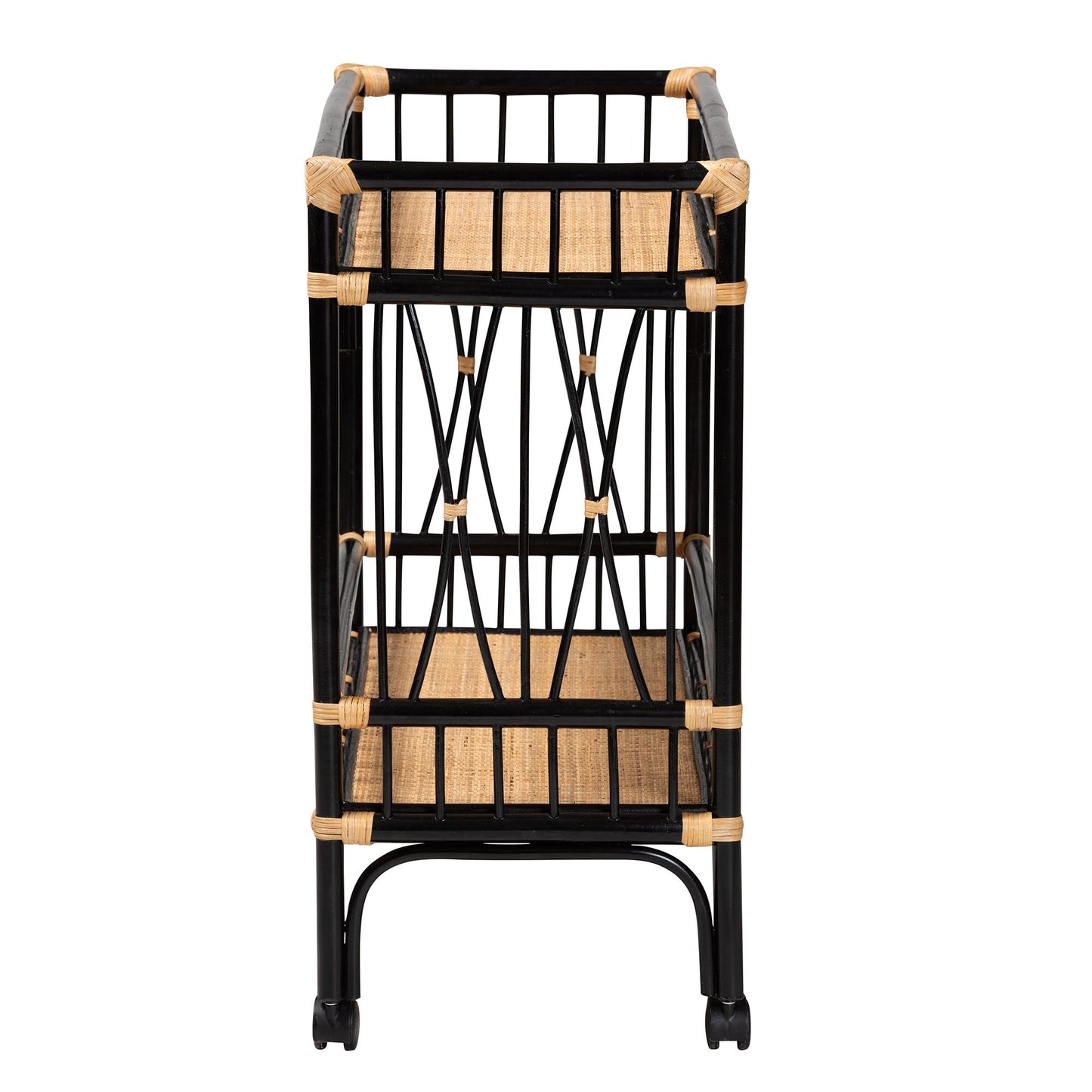 Baxton Studio bali & pari Dalinda Modern Bohemian Two-Tone Black and Natural Brown Rattan 2-Tier Kitchen Cart | Kitchen Carts | Modishstore - 4