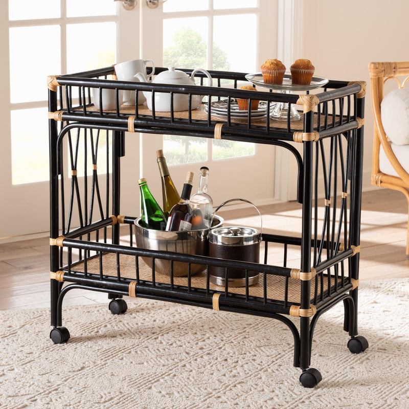 Baxton Studio bali & pari Dalinda Modern Bohemian Two-Tone Black and Natural Brown Rattan 2-Tier Kitchen Cart | Kitchen Carts | Modishstore