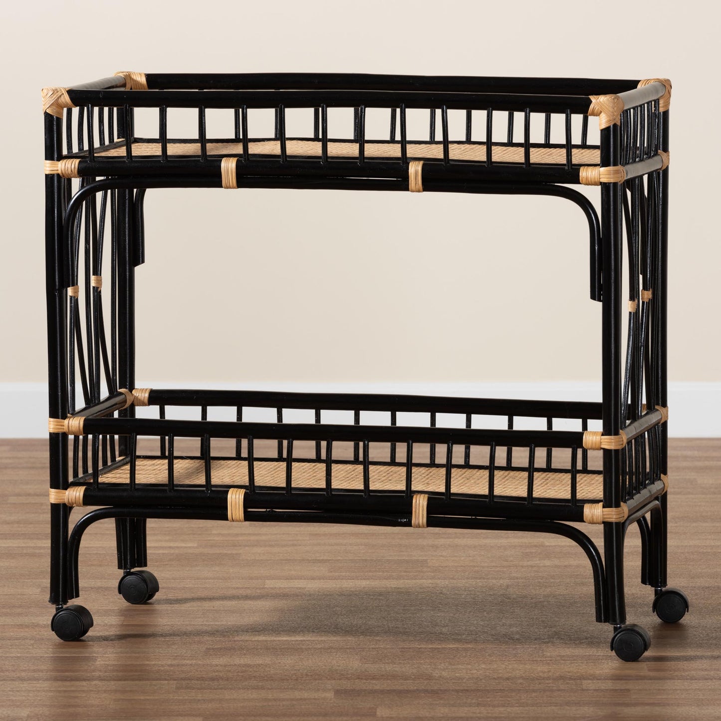 Baxton Studio bali & pari Dalinda Modern Bohemian Two-Tone Black and Natural Brown Rattan 2-Tier Kitchen Cart | Kitchen Carts | Modishstore - 7