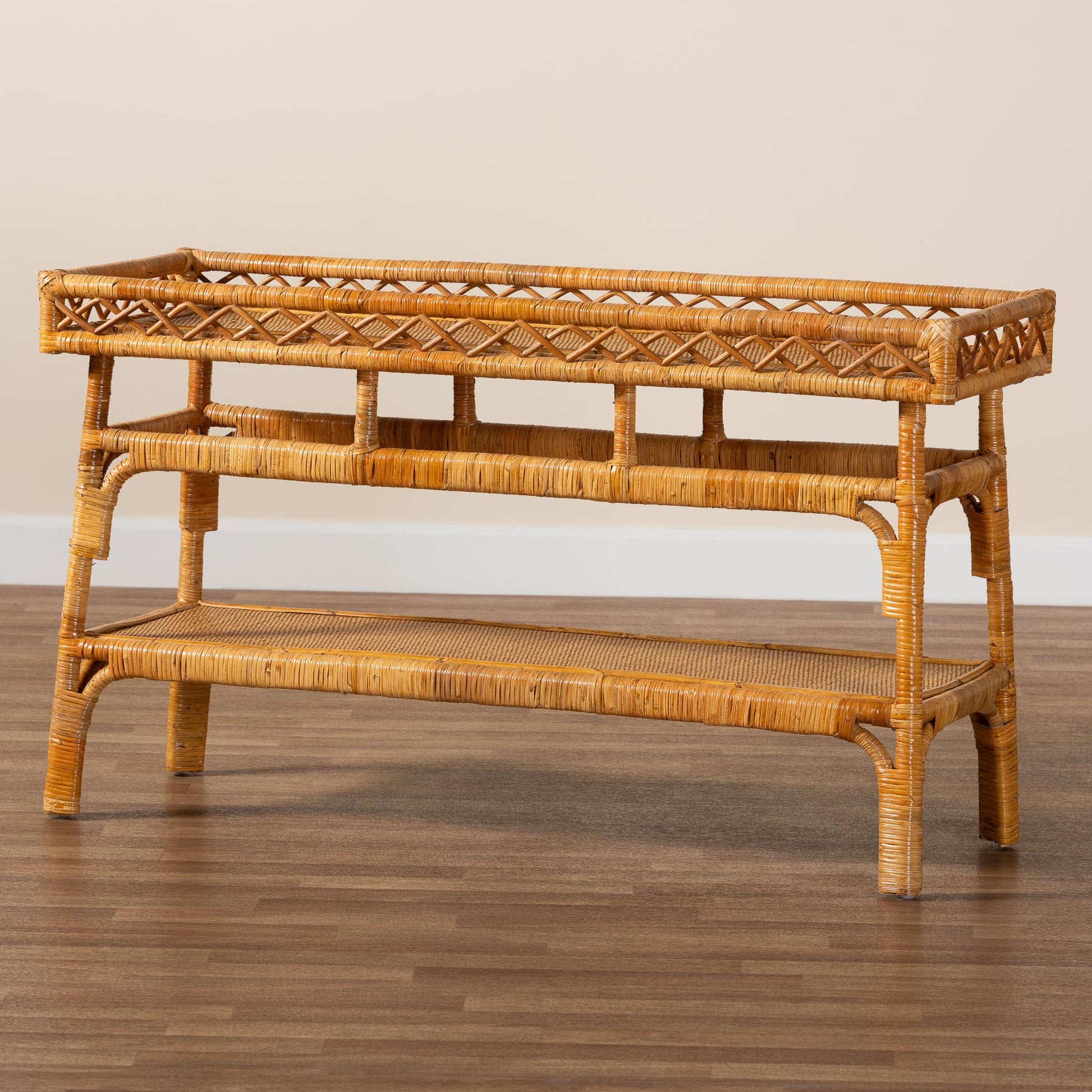 Baxton Studio bali & pari Savitri Modern Bohemian Natural Rattan 2-Tier Console Table | Console Tables | Modishstore - 9