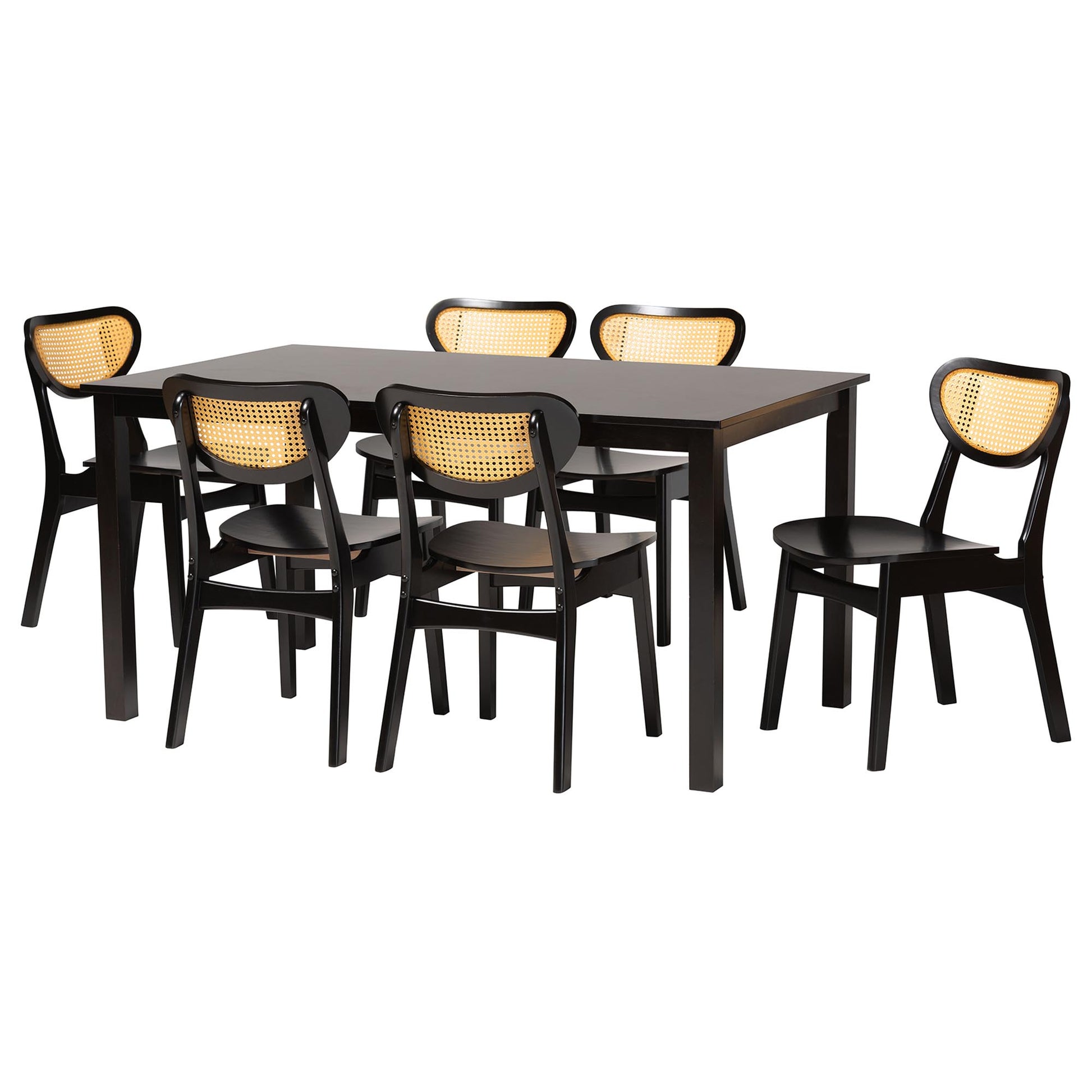 Baxton Studio Jeriah Mid-Century Modern Dark Brown Finished Wood and Woven Rattan 7-Piece Dining Set | Dining Sets | Modishstore - 4