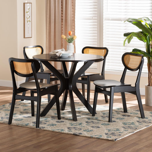 Baxton Studio Giuliana Mid-Century Modern Dark Brown Finished Wood and Woven Rattan 5-Piece Dining Set | Dining Sets | Modishstore