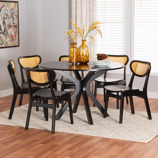 Baxton Studio Giuliana Mid-Century Modern Dark Brown Finished Wood and Woven Rattan 7-Piece Dining Set | Dining Sets | Modishstore