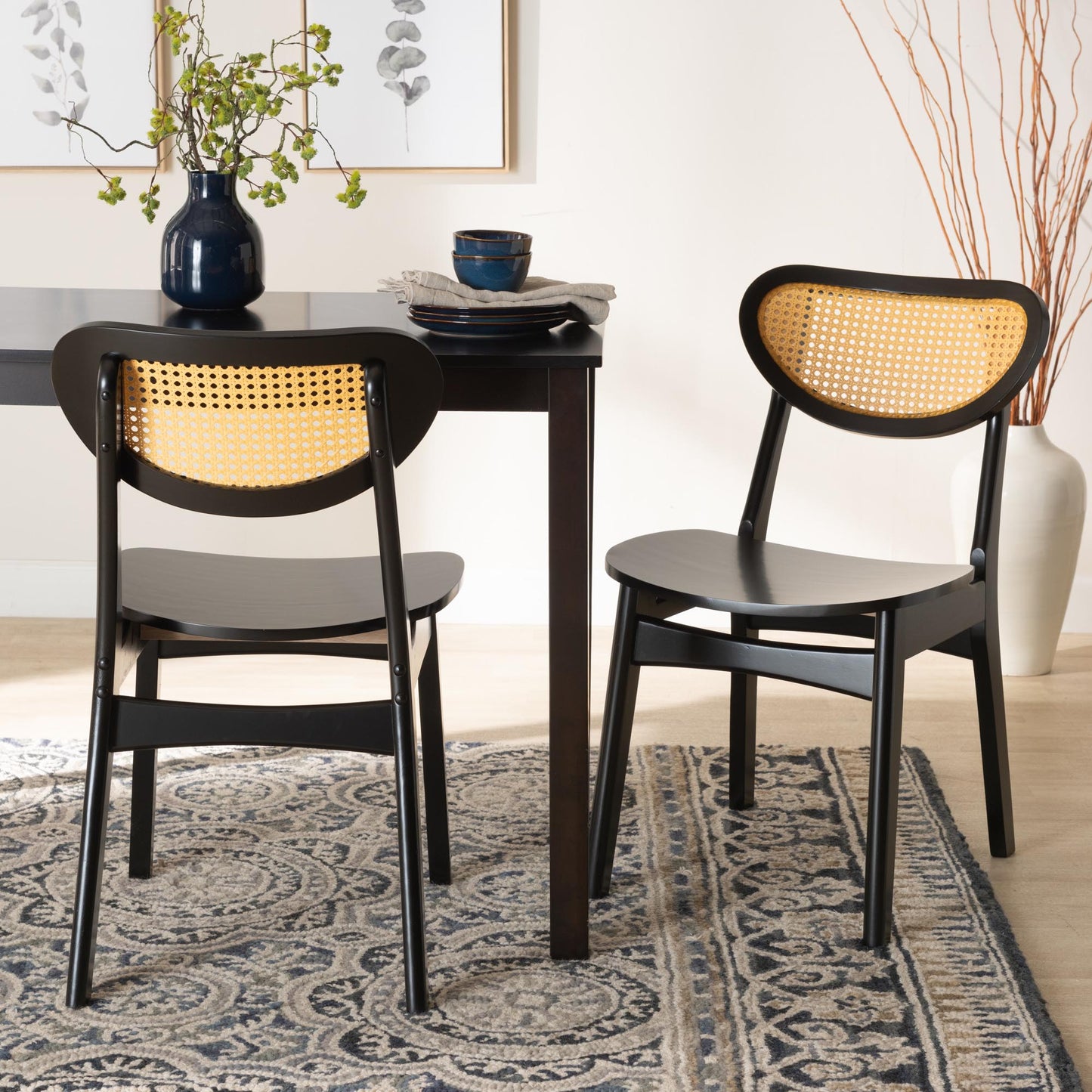 Baxton Studio Hesper Mid-Century Modern Dark Brown Finished Wood and Rattan 2-Piece Dining Chair Set | Dining Chairs | Modishstore