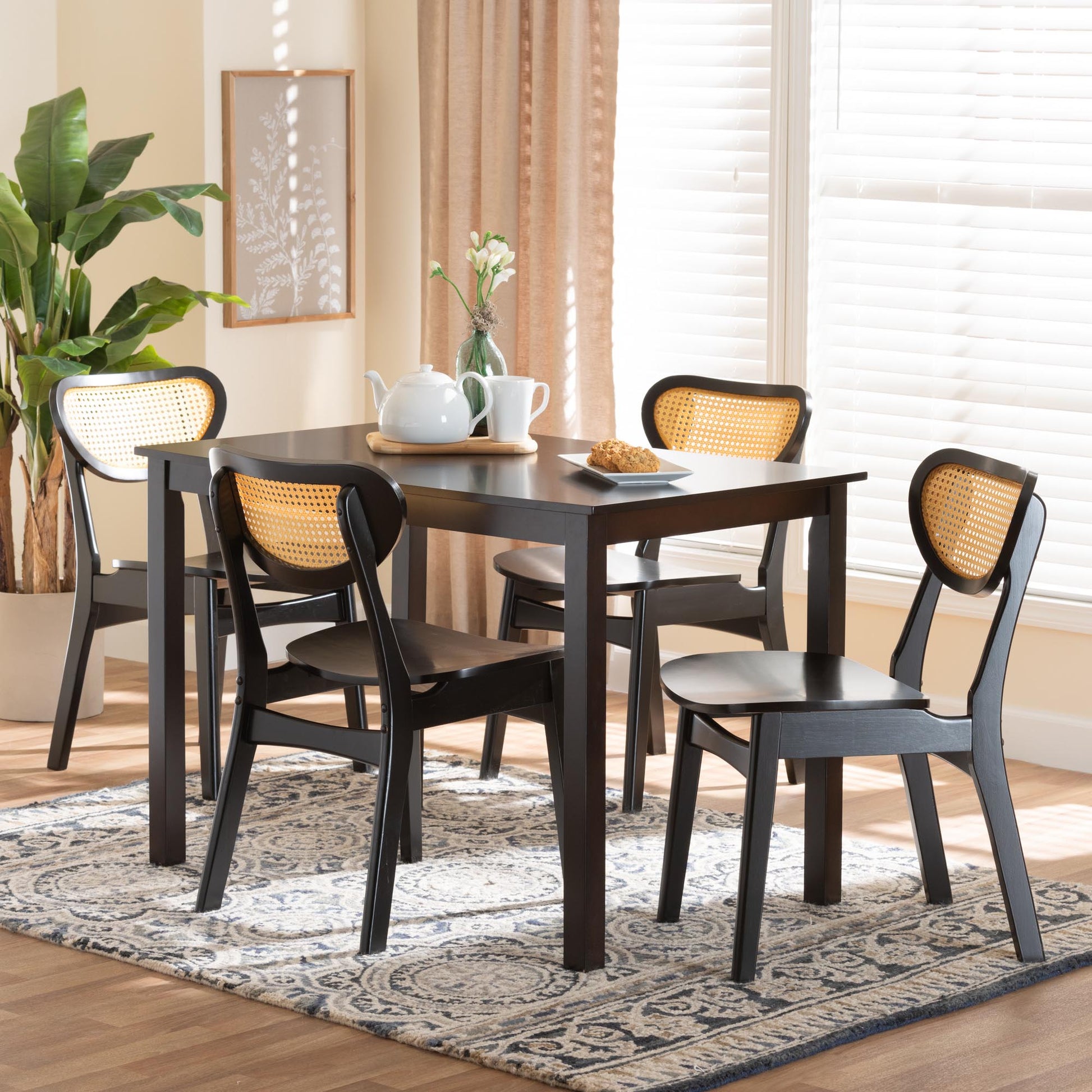 Baxton Studio Jeriah Mid-Century Modern Dark Brown Finished Wood and Woven Rattan 5-Piece Dining Set | Dining Sets | Modishstore