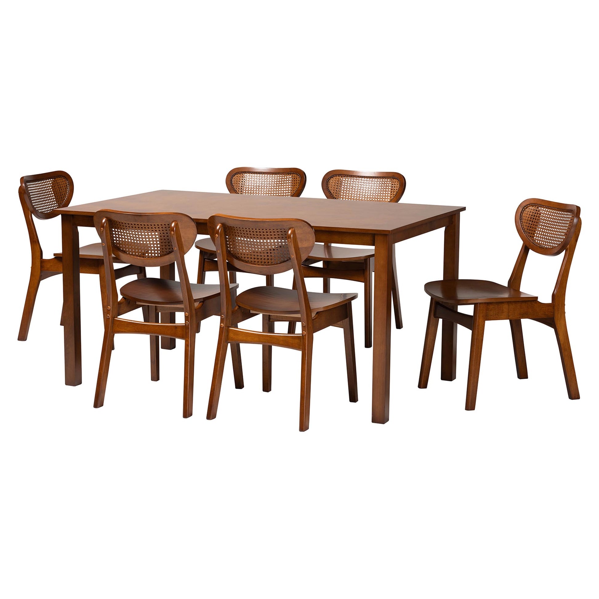 Baxton Studio Jeriah Mid-Century Modern Walnut Brown Finished Wood and Woven Rattan 7-Piece Dining Set | Dining Sets | Modishstore - 2