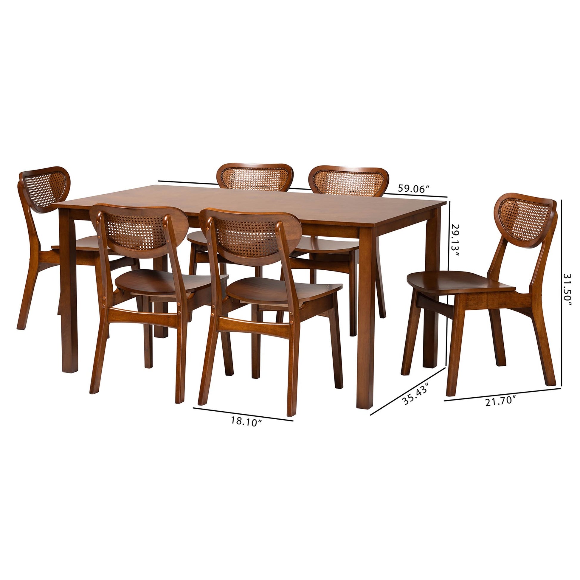 Baxton Studio Jeriah Mid-Century Modern Walnut Brown Finished Wood and Woven Rattan 7-Piece Dining Set | Dining Sets | Modishstore - 10