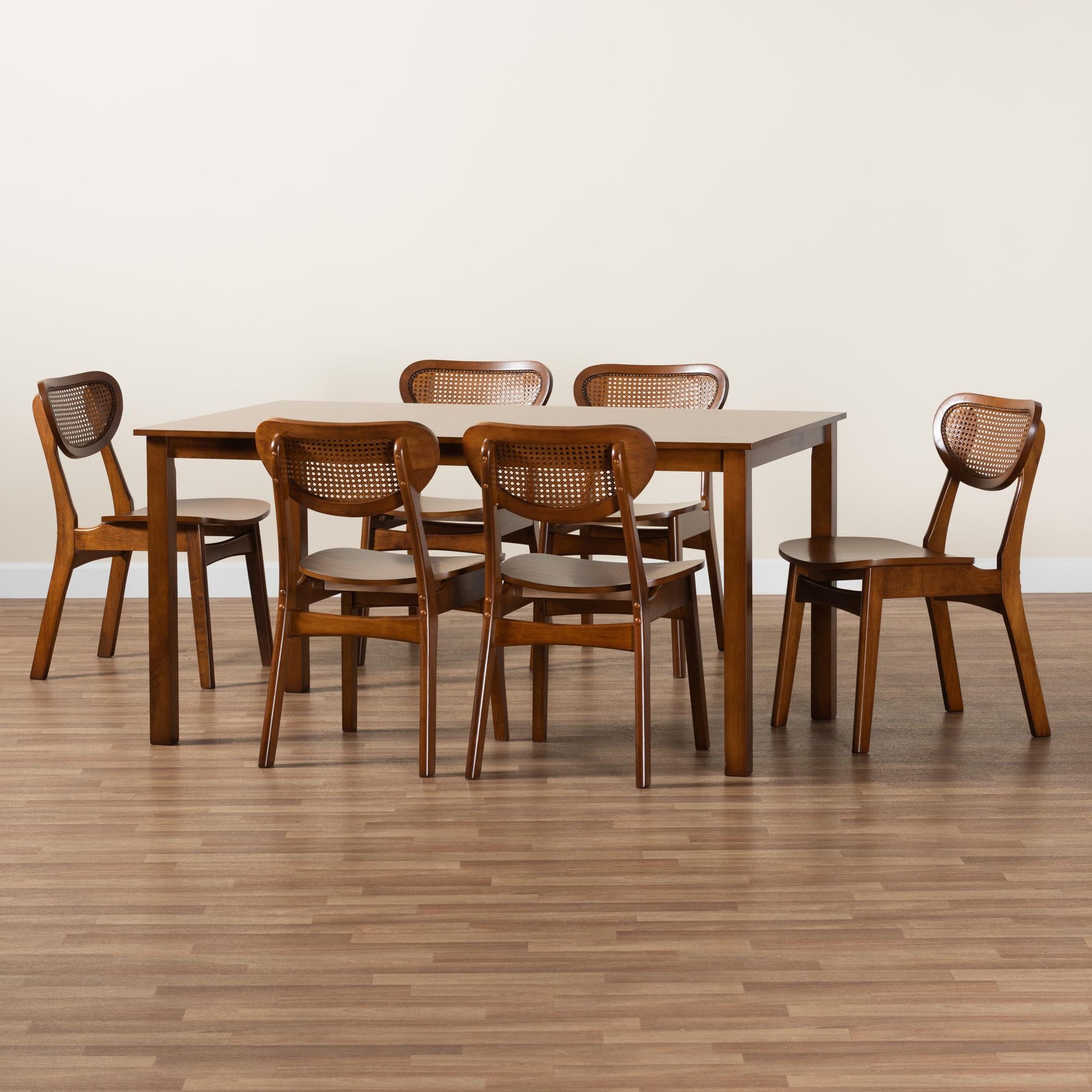 Baxton Studio Jeriah Mid-Century Modern Walnut Brown Finished Wood and Woven Rattan 7-Piece Dining Set | Dining Sets | Modishstore - 9