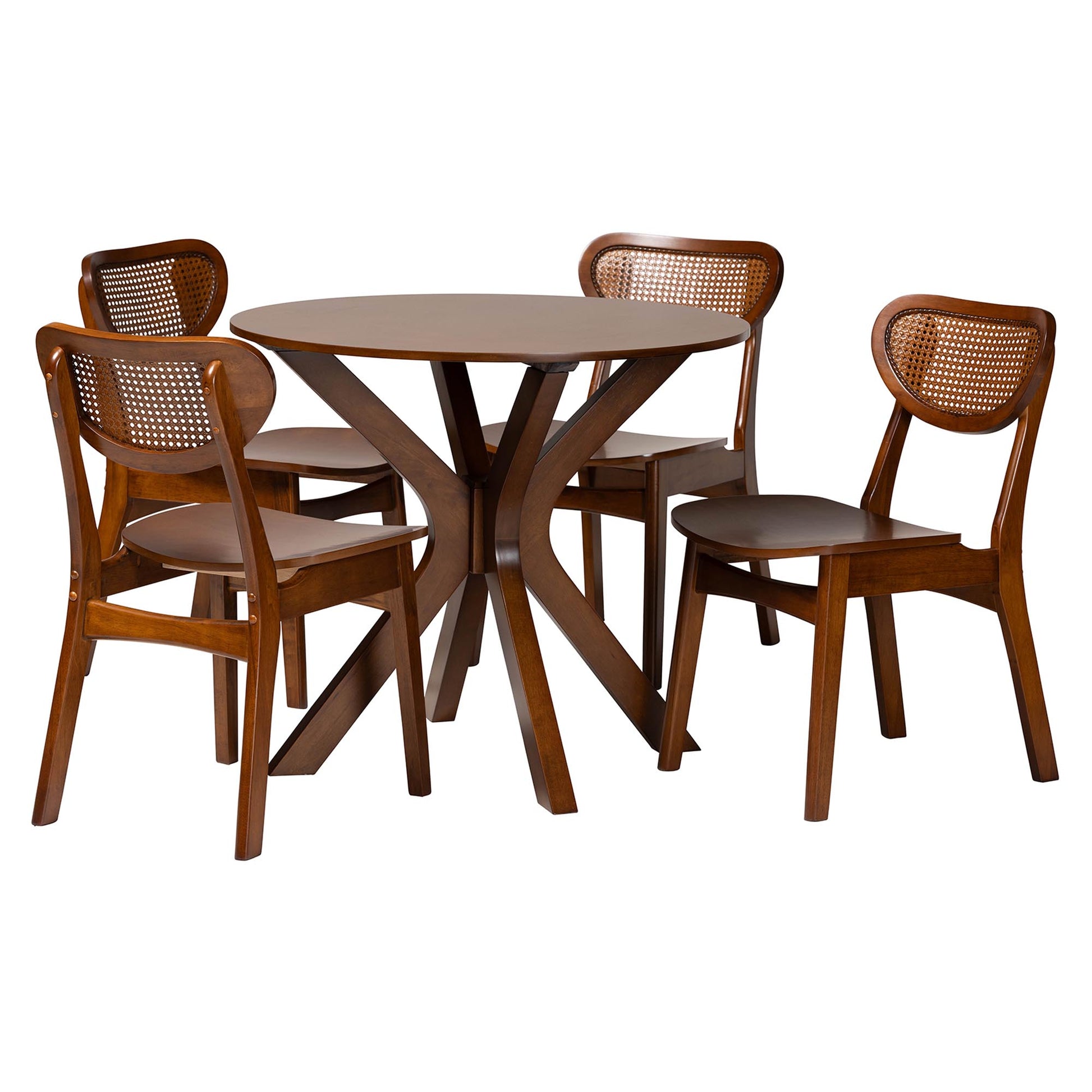 Baxton Studio Giuliana Mid-Century Modern Walnut Brown Finished Wood and Woven Rattan 5-Piece Dining Set | Dining Sets | Modishstore - 2