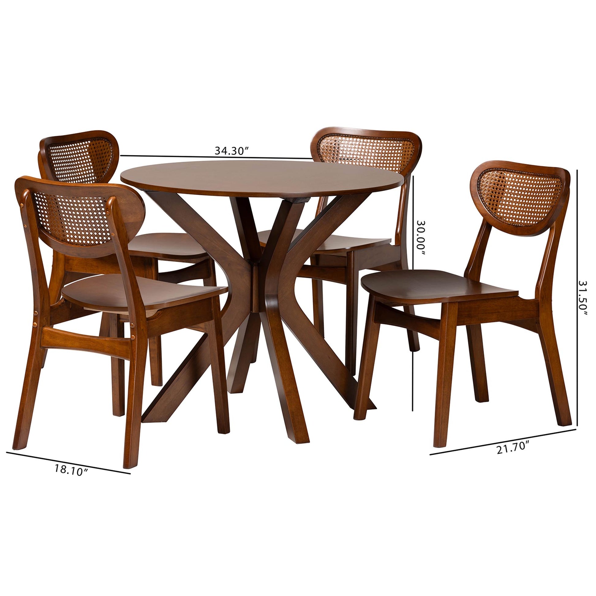 Baxton Studio Giuliana Mid-Century Modern Walnut Brown Finished Wood and Woven Rattan 5-Piece Dining Set | Dining Sets | Modishstore - 10