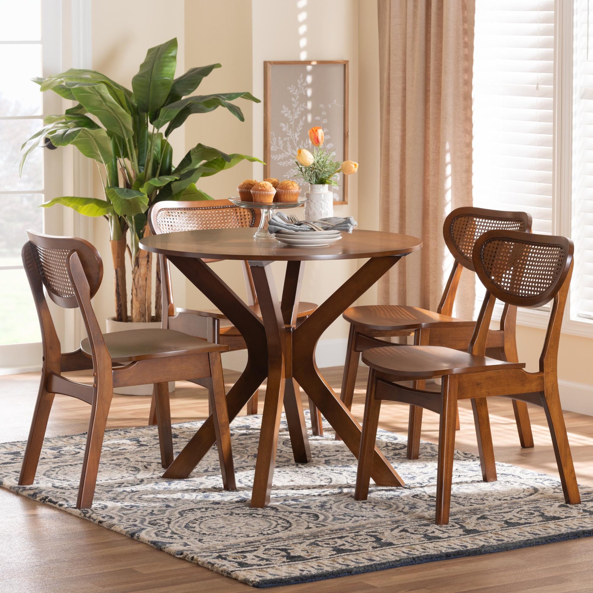 Baxton Studio Giuliana Mid-Century Modern Walnut Brown Finished Wood and Woven Rattan 5-Piece Dining Set | Dining Sets | Modishstore