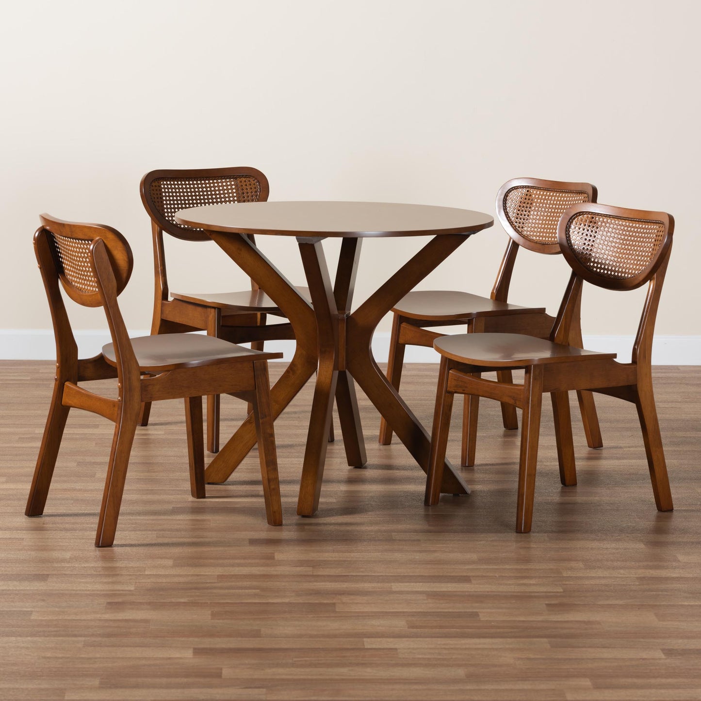 Baxton Studio Giuliana Mid-Century Modern Walnut Brown Finished Wood and Woven Rattan 5-Piece Dining Set | Dining Sets | Modishstore - 9