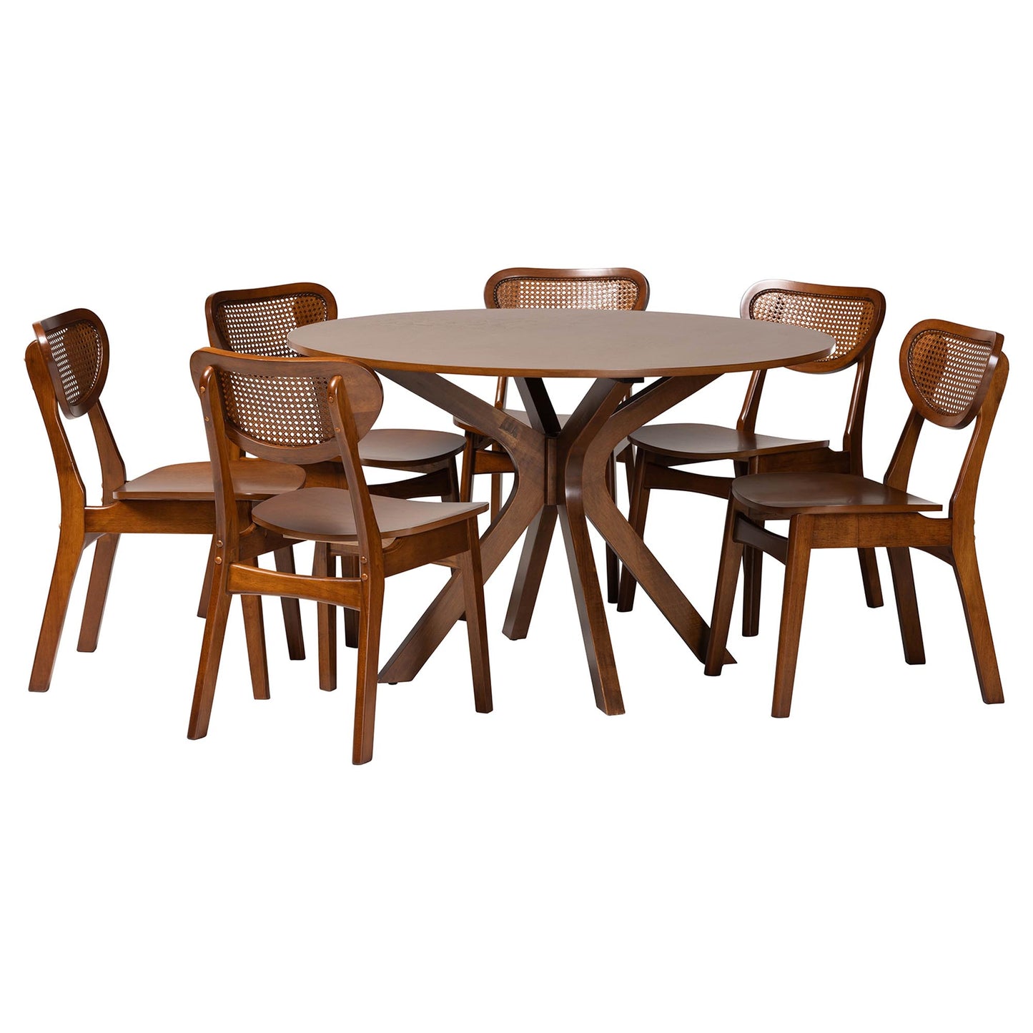 Baxton Studio Giuliana Mid-Century Modern Walnut Brown Finished Wood and Woven Rattan 7-Piece Dining Set | Dining Sets | Modishstore - 4