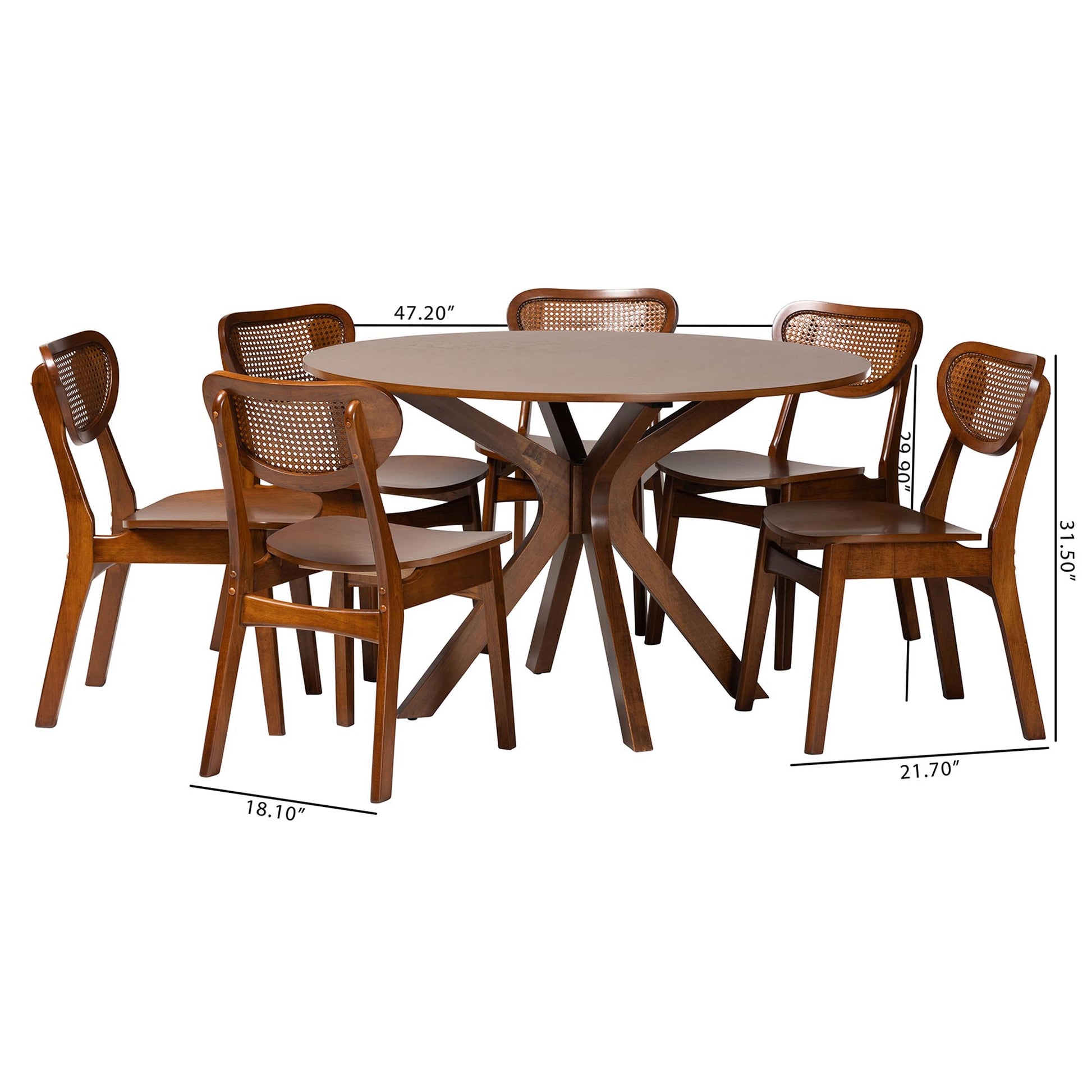 Baxton Studio Giuliana Mid-Century Modern Walnut Brown Finished Wood and Woven Rattan 7-Piece Dining Set | Dining Sets | Modishstore - 3