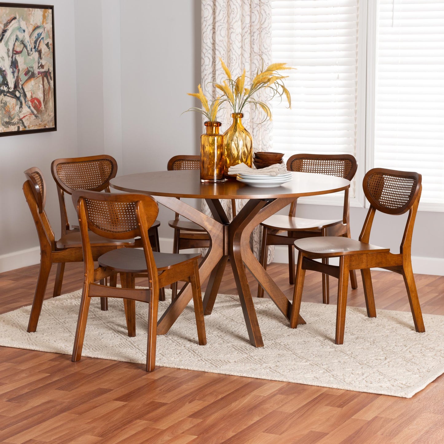 Baxton Studio Giuliana Mid-Century Modern Walnut Brown Finished Wood and Woven Rattan 7-Piece Dining Set | Dining Sets | Modishstore