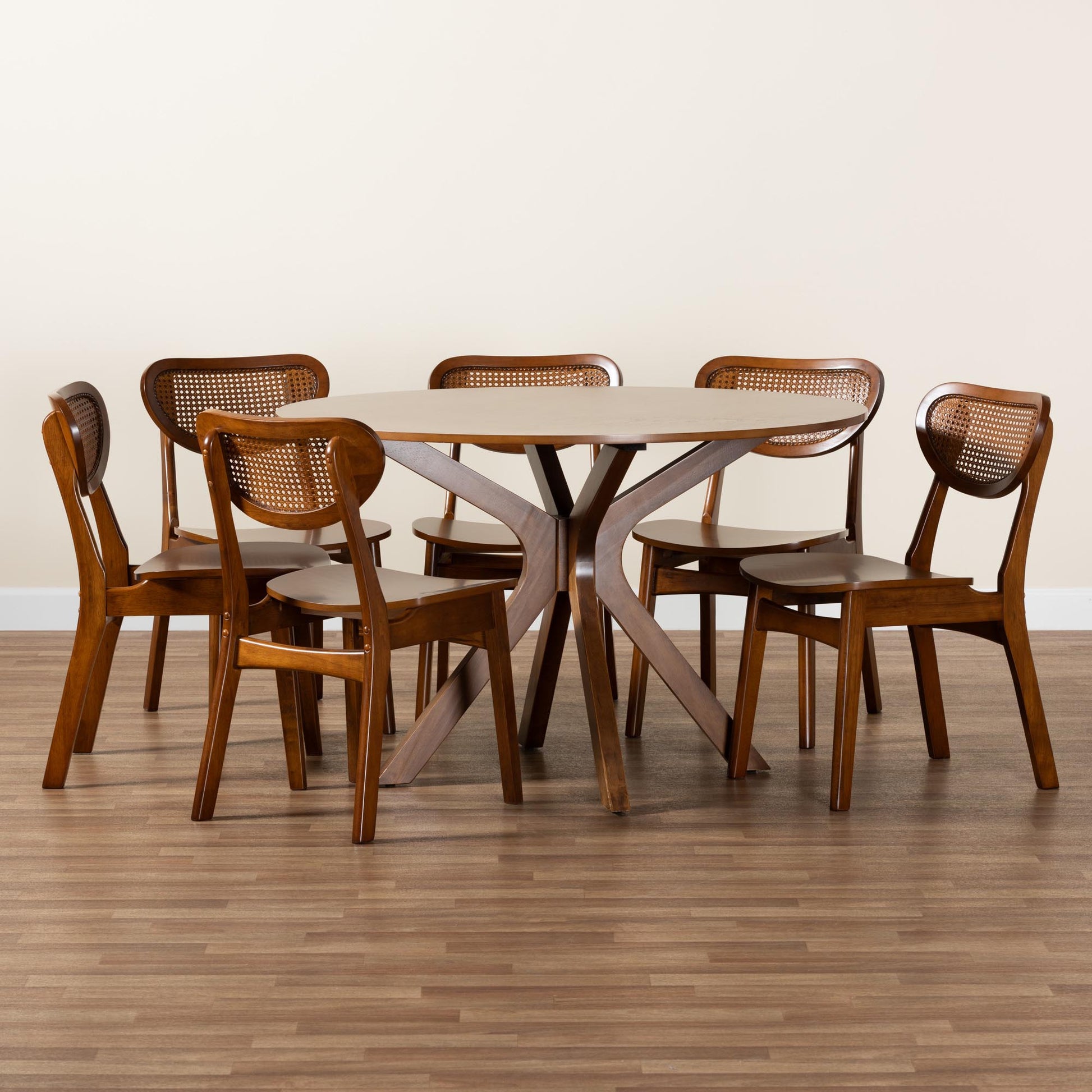 Baxton Studio Giuliana Mid-Century Modern Walnut Brown Finished Wood and Woven Rattan 7-Piece Dining Set | Dining Sets | Modishstore - 2