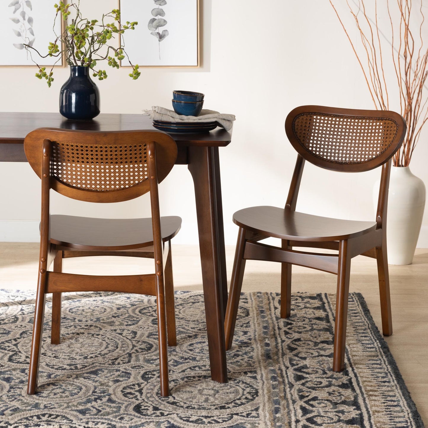 Baxton Studio Hesper Mid-Century Modern Walnut Brown Finished Wood and Rattan 2-Piece Dining Chair Set | Dining Chairs | Modishstore