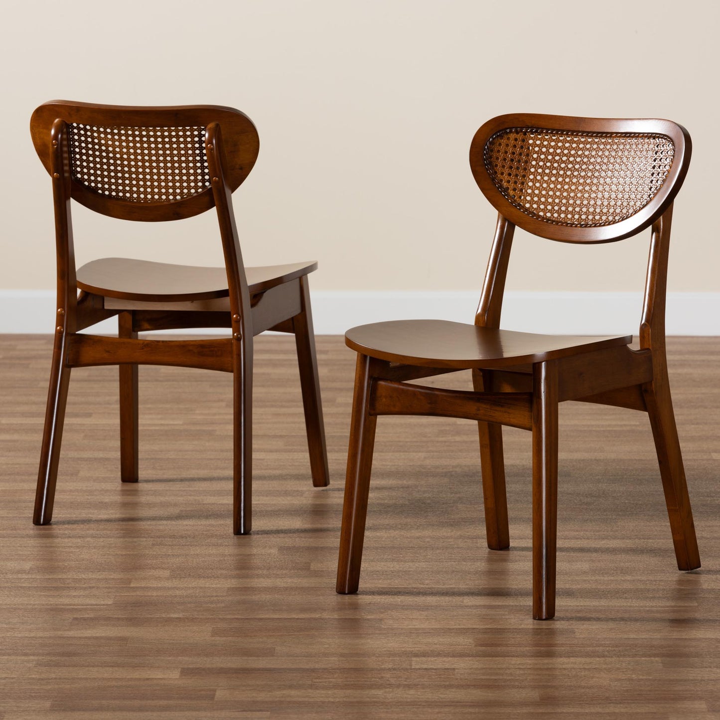 Baxton Studio Hesper Mid-Century Modern Walnut Brown Finished Wood and Rattan 2-Piece Dining Chair Set | Dining Chairs | Modishstore - 9