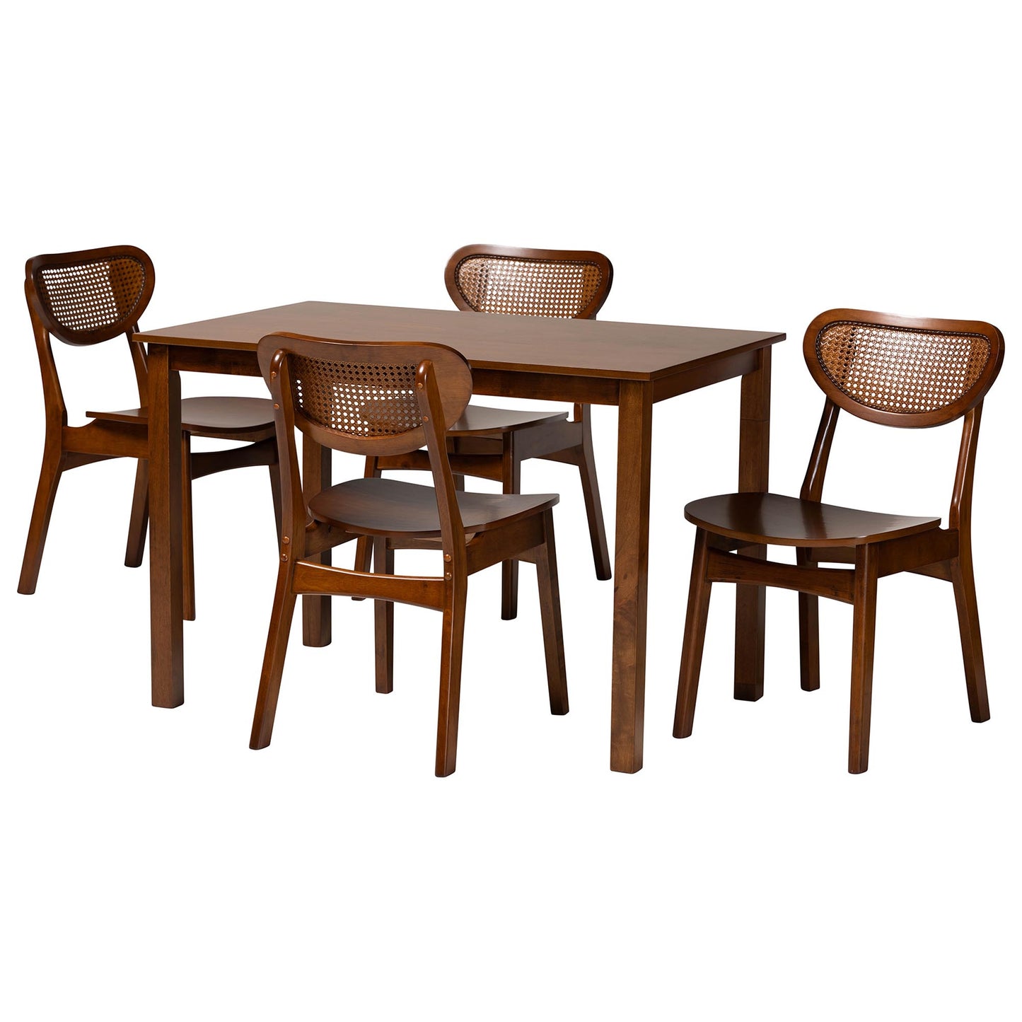 Baxton Studio Jeriah Mid-Century Modern Walnut Brown Finished Wood and Woven Rattan 5-Piece Dining Set | Dining Sets | Modishstore - 2