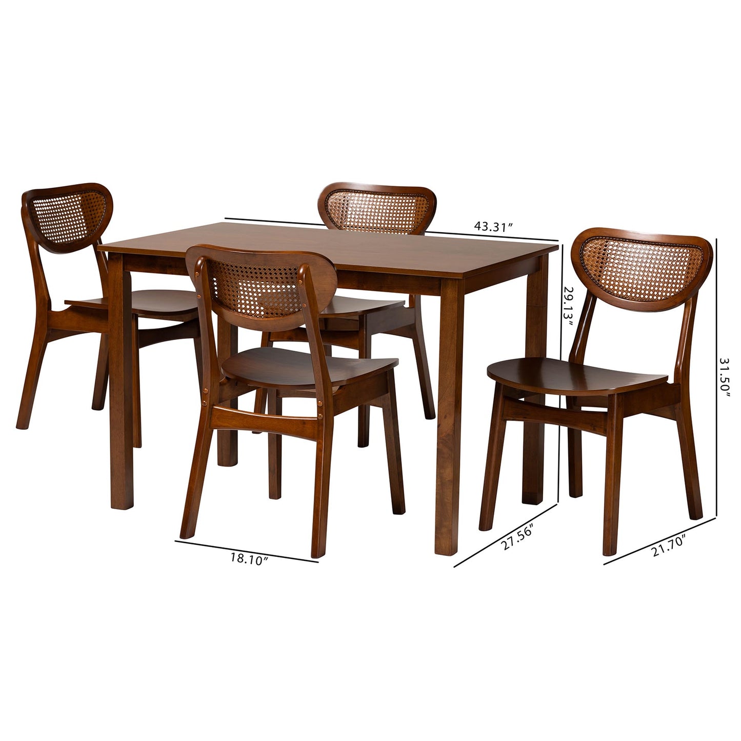 Baxton Studio Jeriah Mid-Century Modern Walnut Brown Finished Wood and Woven Rattan 5-Piece Dining Set | Dining Sets | Modishstore - 10