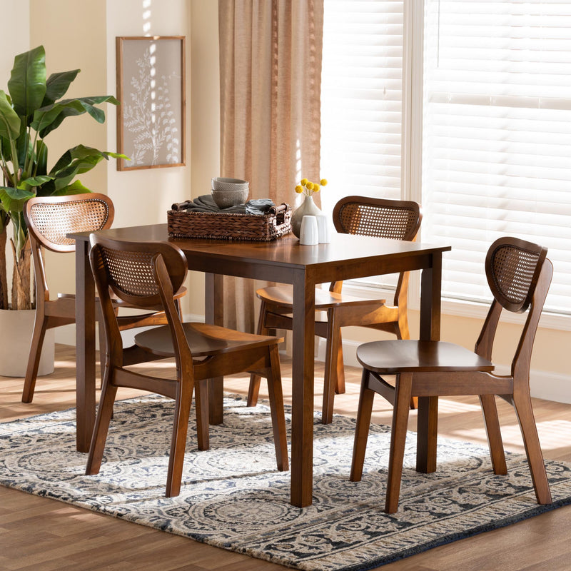 Baxton Studio Jeriah Mid-Century Modern Walnut Brown Finished Wood and Woven Rattan 5-Piece Dining Set | Dining Sets | Modishstore