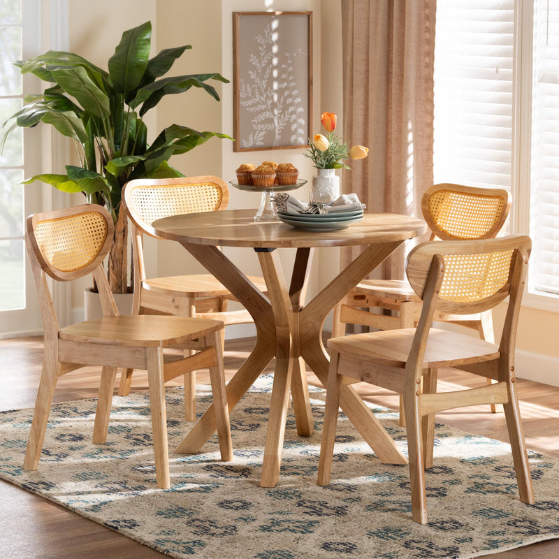 Baxton Studio Donato Mid-Century Modern Oak Brown Finished Wood and Rattan 5-Piece Dining Set | Dining Sets | Modishstore