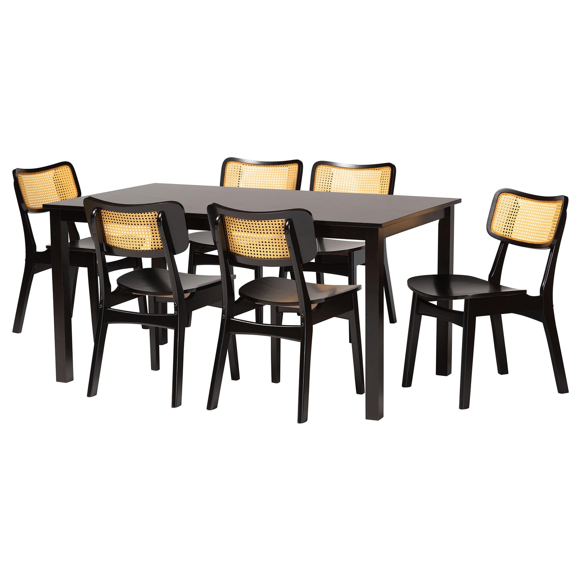 Baxton Studio Estera Mid-Century Modern Dark Brown Finished Wood and Rattan 7-Piece Dining Set | Dining Sets | Modishstore - 4