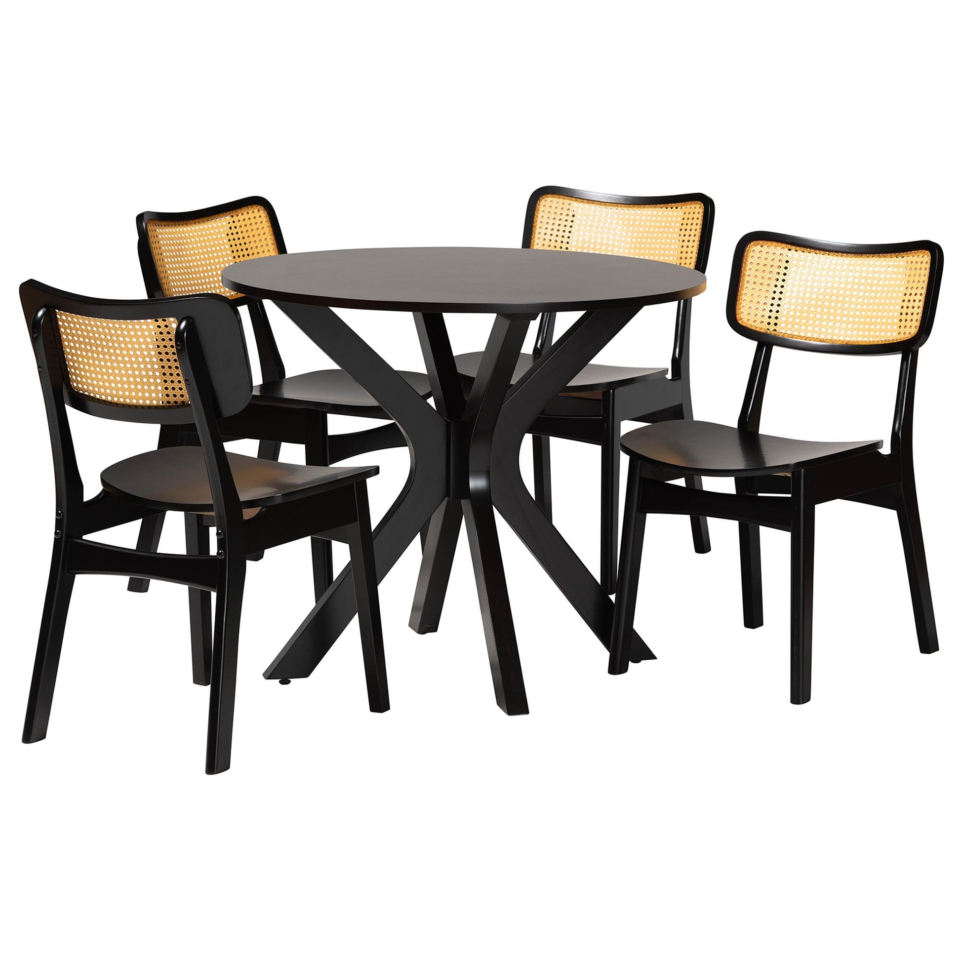 Baxton Studio Linnet Mid-Century Modern Dark Brown Finished Wood and Rattan 5-Piece Dining Set | Dining Sets | Modishstore - 2