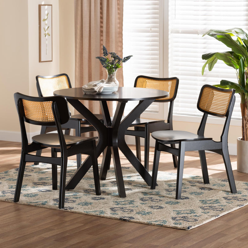 Baxton Studio Linnet Mid-Century Modern Dark Brown Finished Wood and Rattan 5-Piece Dining Set | Dining Sets | Modishstore