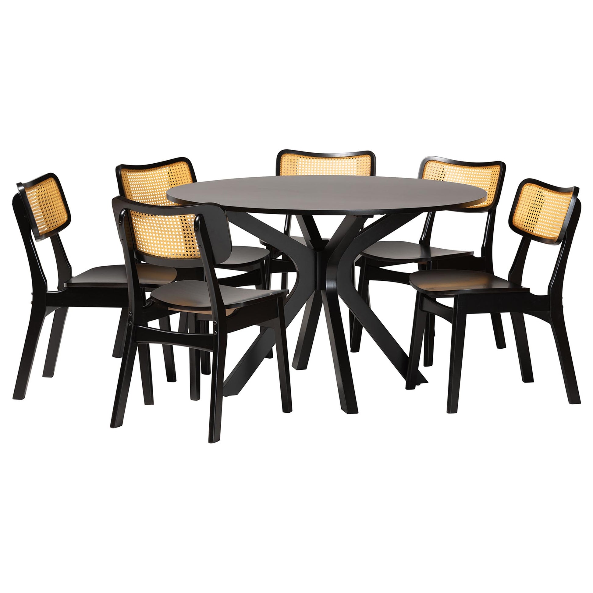 Baxton Studio Linnet Mid-Century Modern Dark Brown Finished Wood and Rattan 7-Piece Dining Set | Dining Sets | Modishstore - 2