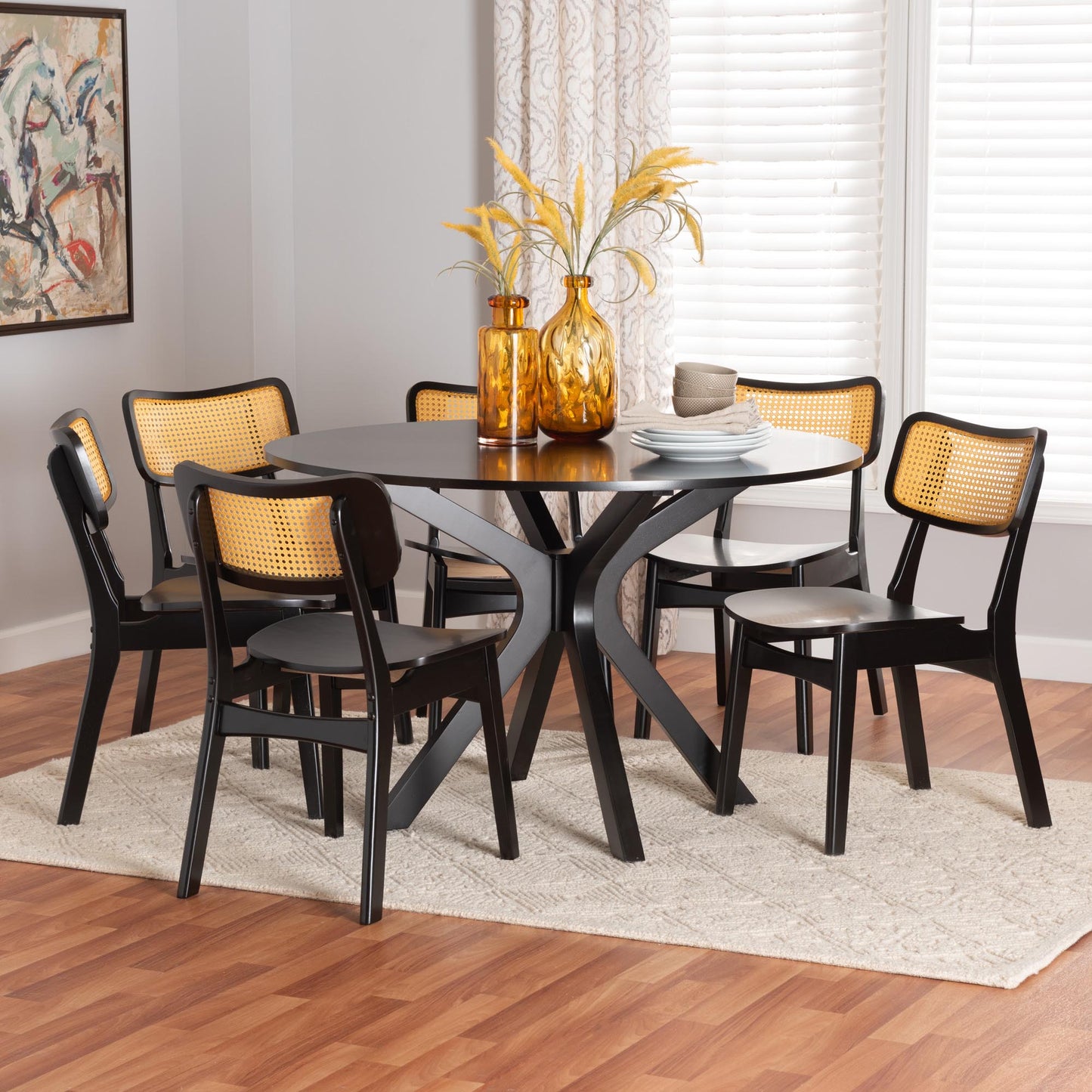 Baxton Studio Linnet Mid-Century Modern Dark Brown Finished Wood and Rattan 7-Piece Dining Set | Dining Sets | Modishstore