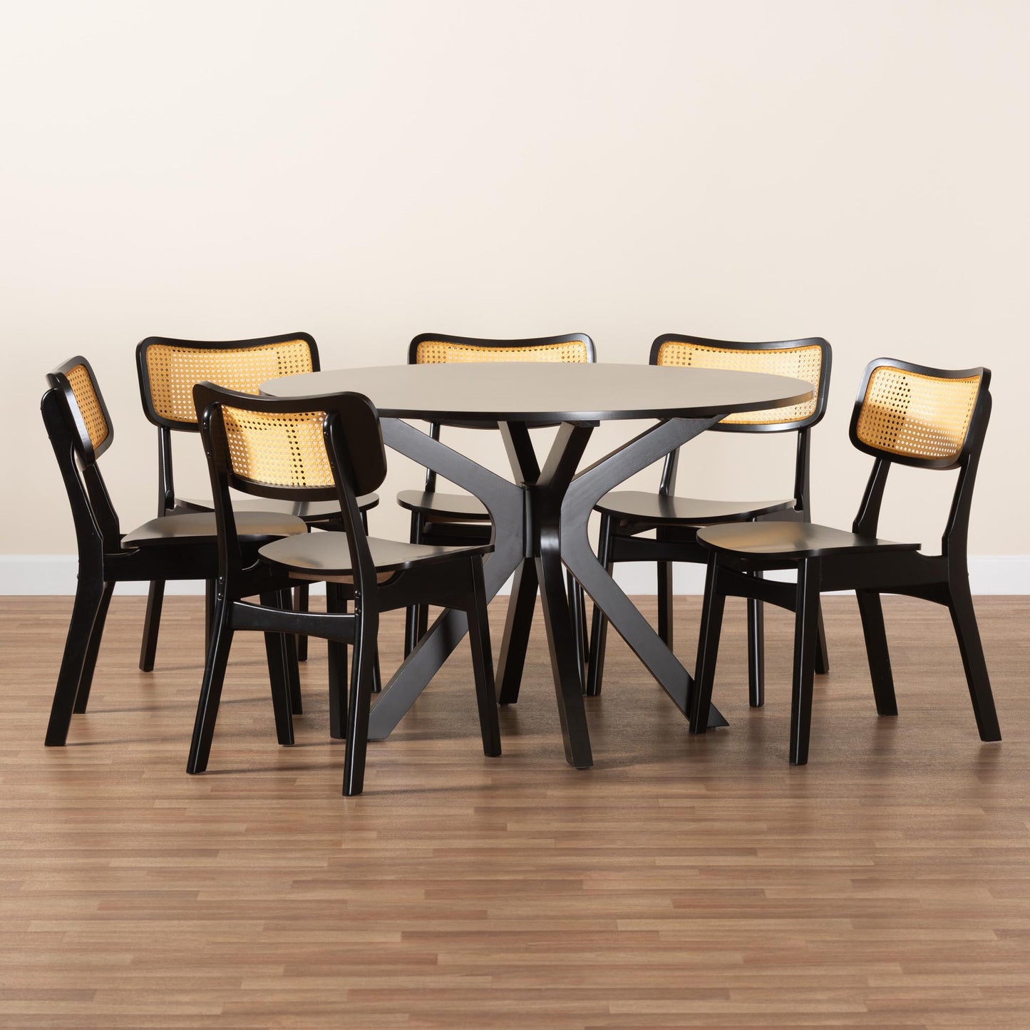 Baxton Studio Linnet Mid-Century Modern Dark Brown Finished Wood and Rattan 7-Piece Dining Set | Dining Sets | Modishstore - 9