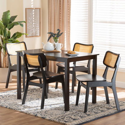 Baxton Studio Estera Mid-Century Modern Dark Brown Finished Wood and Rattan 5-Piece Dining Set | Dining Sets | Modishstore