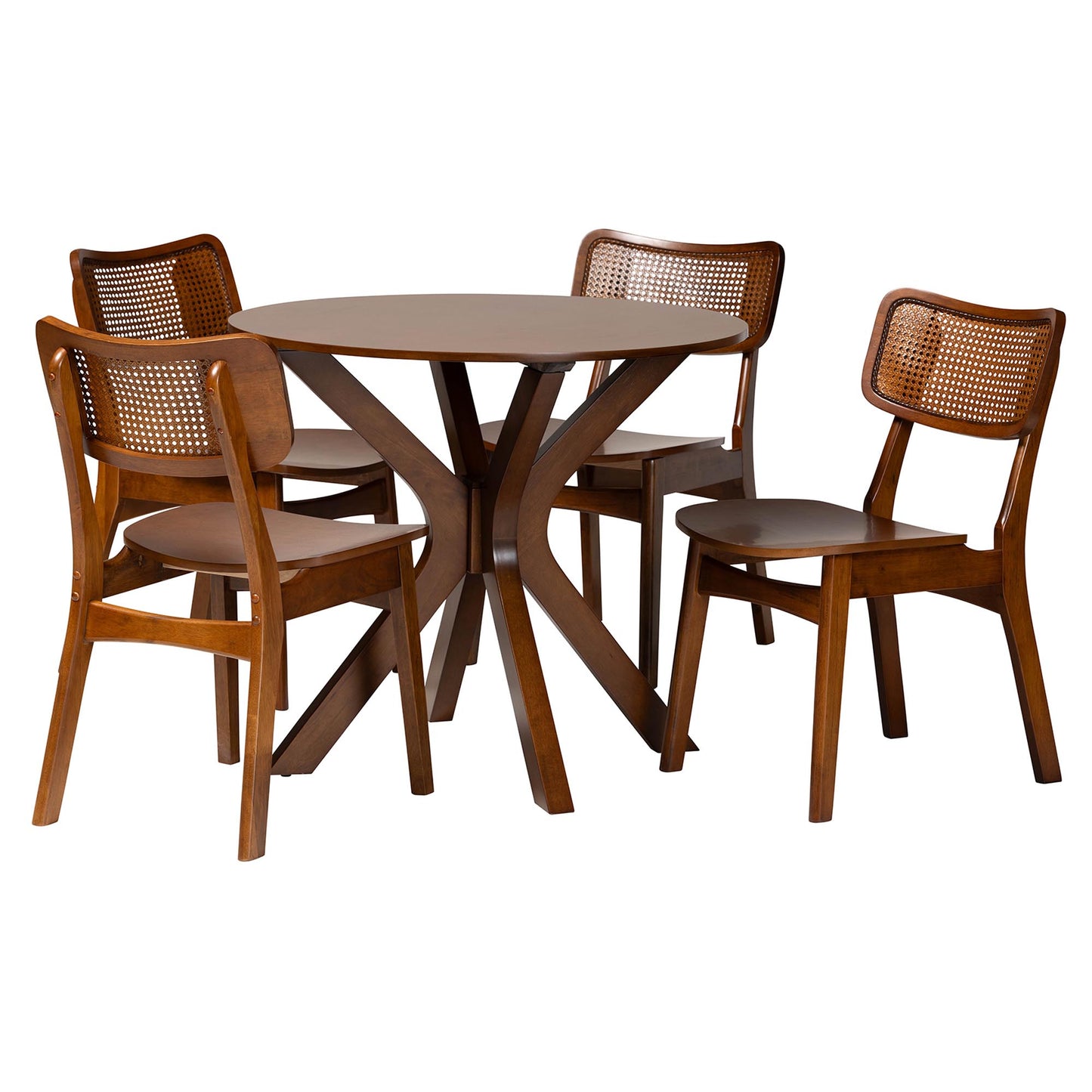 Baxton Studio Linnet Mid-Century Modern Walnut Brown Finished Wood and Rattan 5-Piece Dining Set | Dining Sets | Modishstore - 4