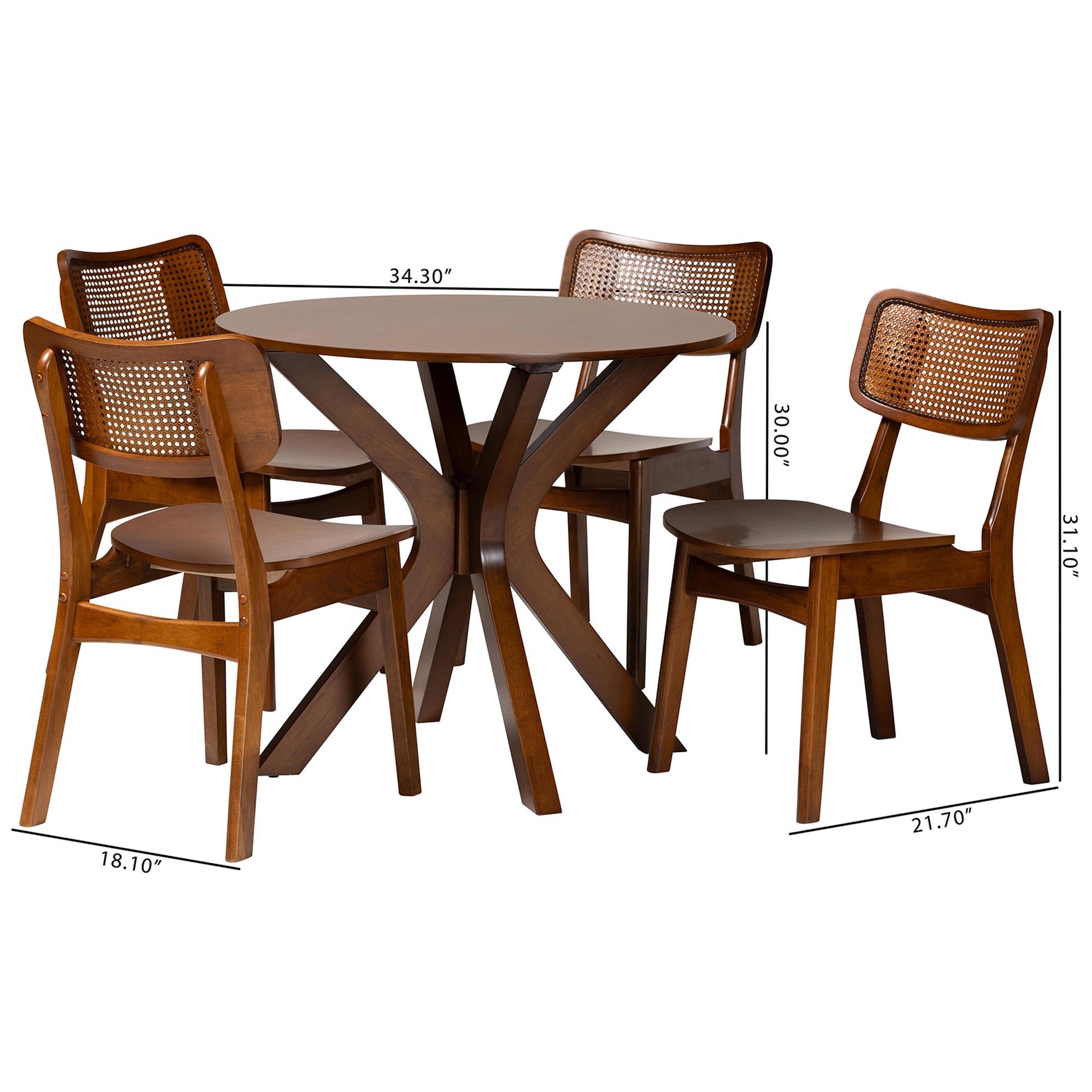 Baxton Studio Linnet Mid-Century Modern Walnut Brown Finished Wood and Rattan 5-Piece Dining Set | Dining Sets | Modishstore - 3