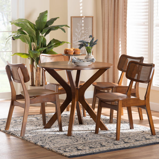 Baxton Studio Linnet Mid-Century Modern Walnut Brown Finished Wood and Rattan 5-Piece Dining Set | Dining Sets | Modishstore