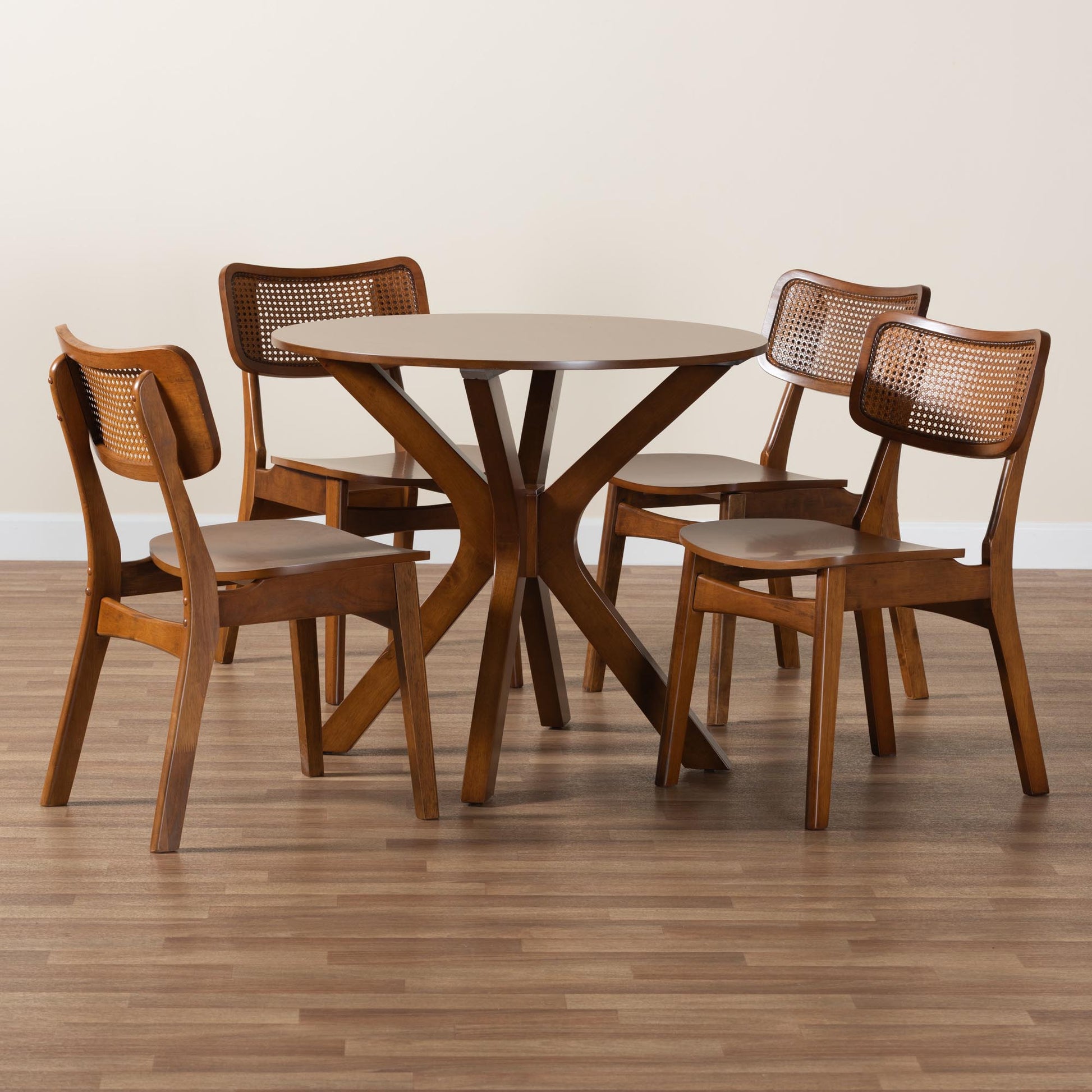 Baxton Studio Linnet Mid-Century Modern Walnut Brown Finished Wood and Rattan 5-Piece Dining Set | Dining Sets | Modishstore - 2