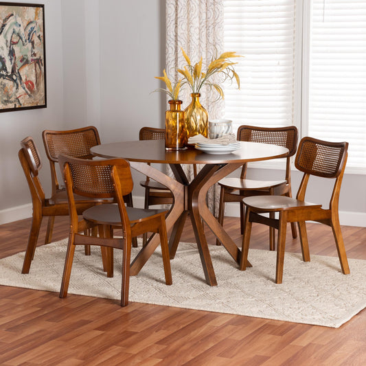 Baxton Studio Linnet Mid-Century Modern Walnut Brown Finished Wood and Rattan 7-Piece Dining Set | Dining Sets | Modishstore