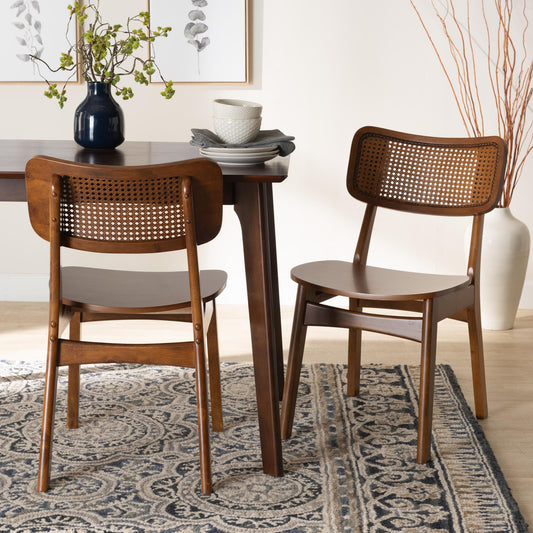 Baxton Studio Tafari Mid-Century Modern Walnut Brown Finished Wood and Rattan 2-Piece Dining Chair Set | Dining Chairs | Modishstore