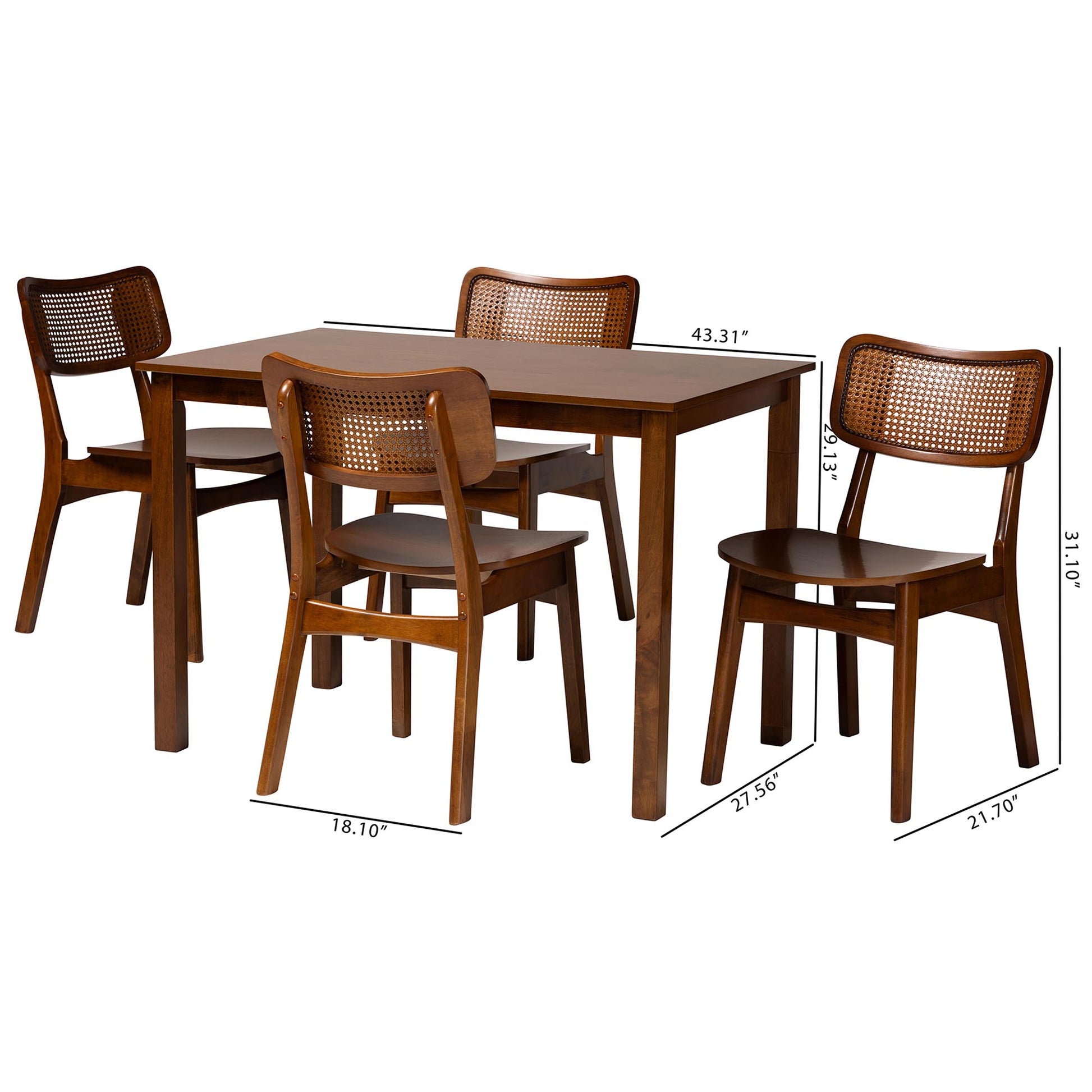 Baxton Studio Estera Mid-Century Modern Dark Brown Finished Wood and Rattan 5-Piece Dining Set | Dining Sets | Modishstore - 13