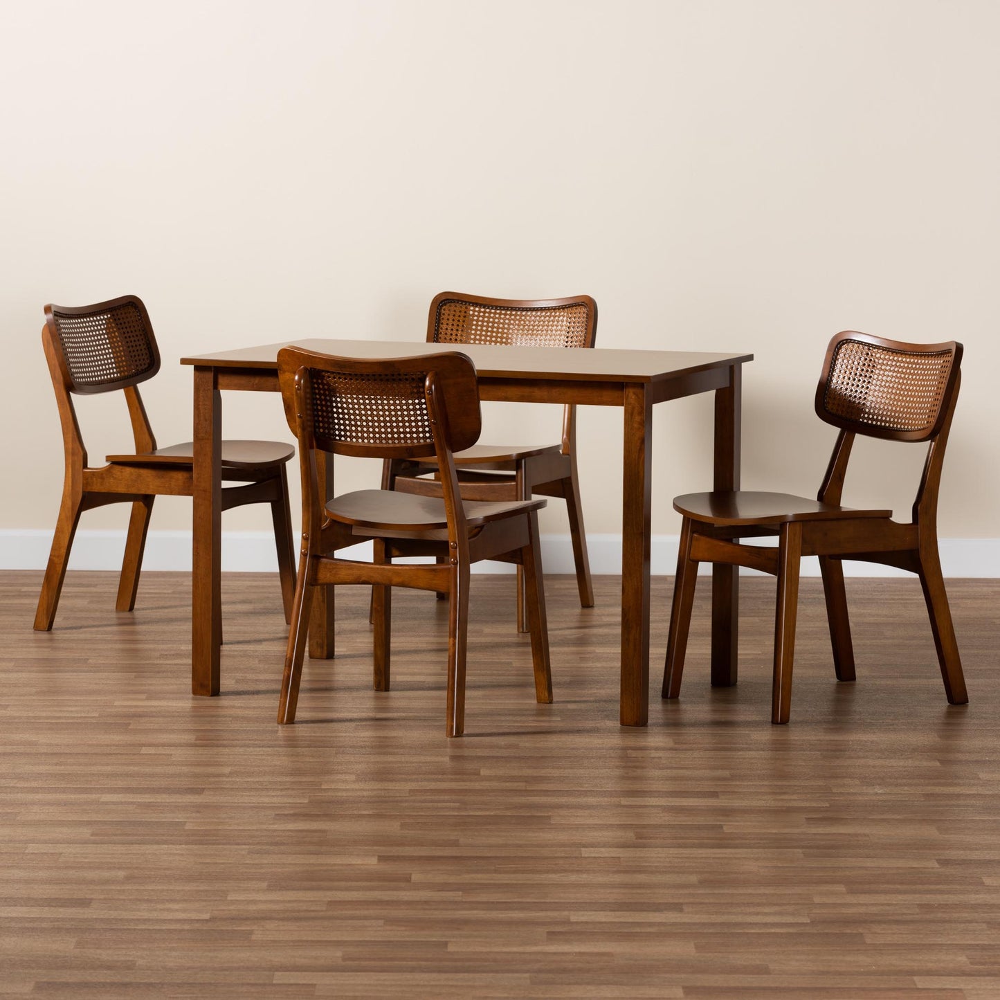 Baxton Studio Estera Mid-Century Modern Dark Brown Finished Wood and Rattan 5-Piece Dining Set | Dining Sets | Modishstore - 12