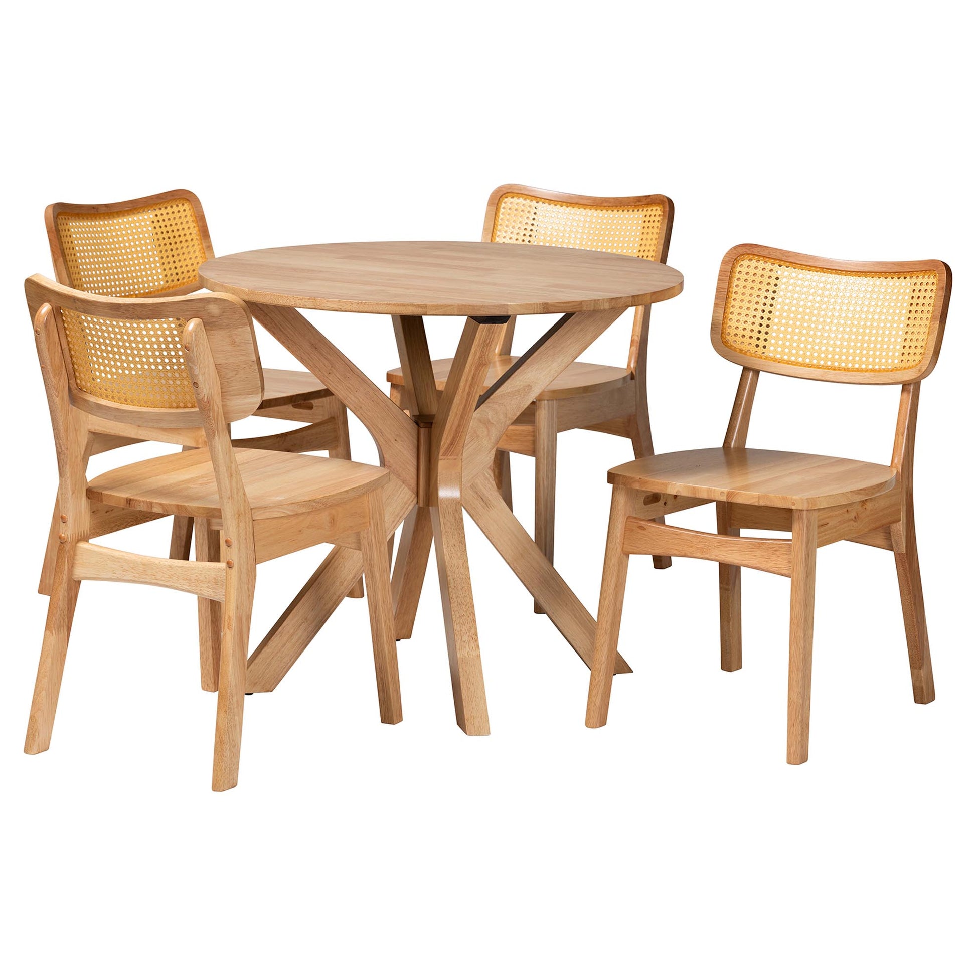 Baxton Studio Camilo Mid-Century Modern Oak Brown Finished Wood and Rattan 5-Piece Dining Set | Dining Sets | Modishstore - 2