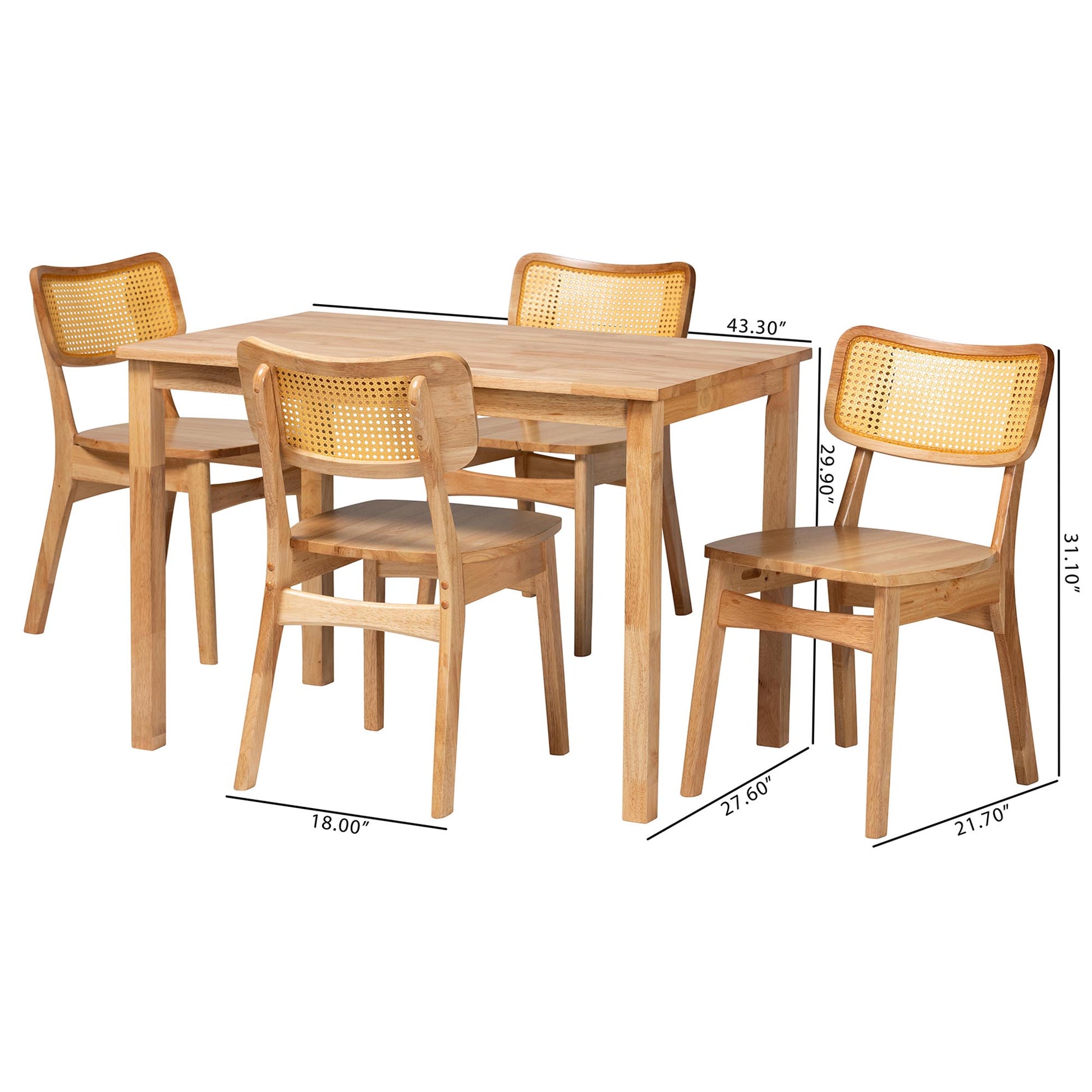 Baxton Studio Dulcet Mid-Century Modern Oak Brown Finished Wood and Rattan 5-Piece Dining Set | Dining Sets | Modishstore - 3