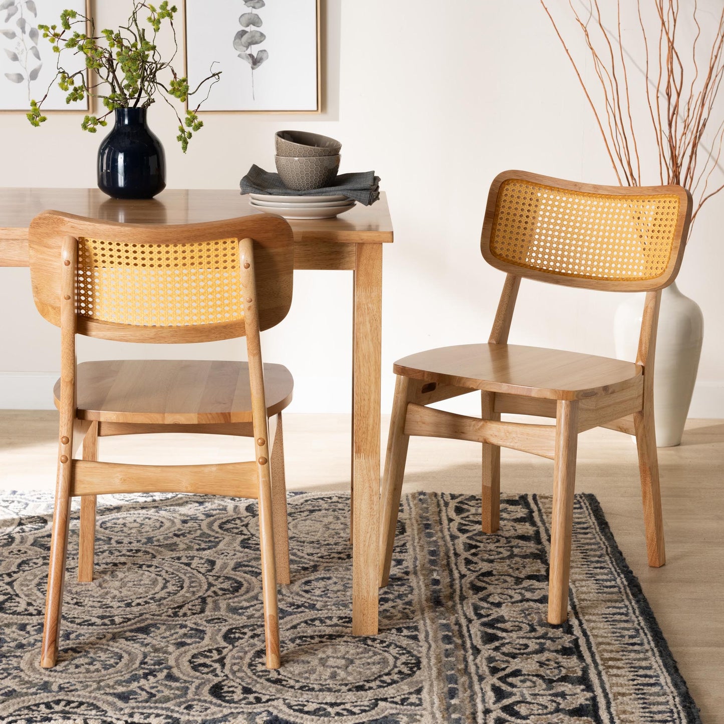 Baxton Studio Tadeo Mid-Century Modern Oak Brown Finished Wood and Rattan 2-Piece Dining Chair Set | Dining Chairs | Modishstore