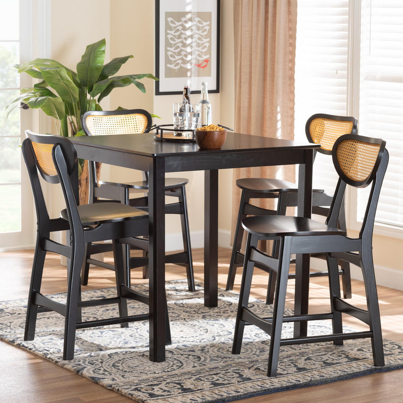 Baxton Studio Hesper Mid-Century Modern Dark Brown Finished Wood and Rattan 5-Piece Pub Set | Bar Stools & Table | Modishstore