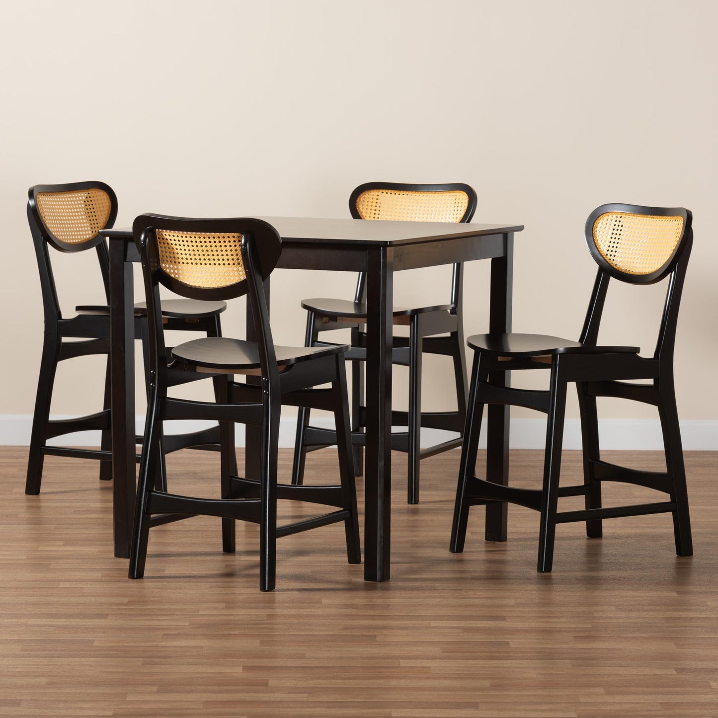 Baxton Studio Hesper Mid-Century Modern Dark Brown Finished Wood and Rattan 5-Piece Pub Set | Bar Stools & Table | Modishstore - 2