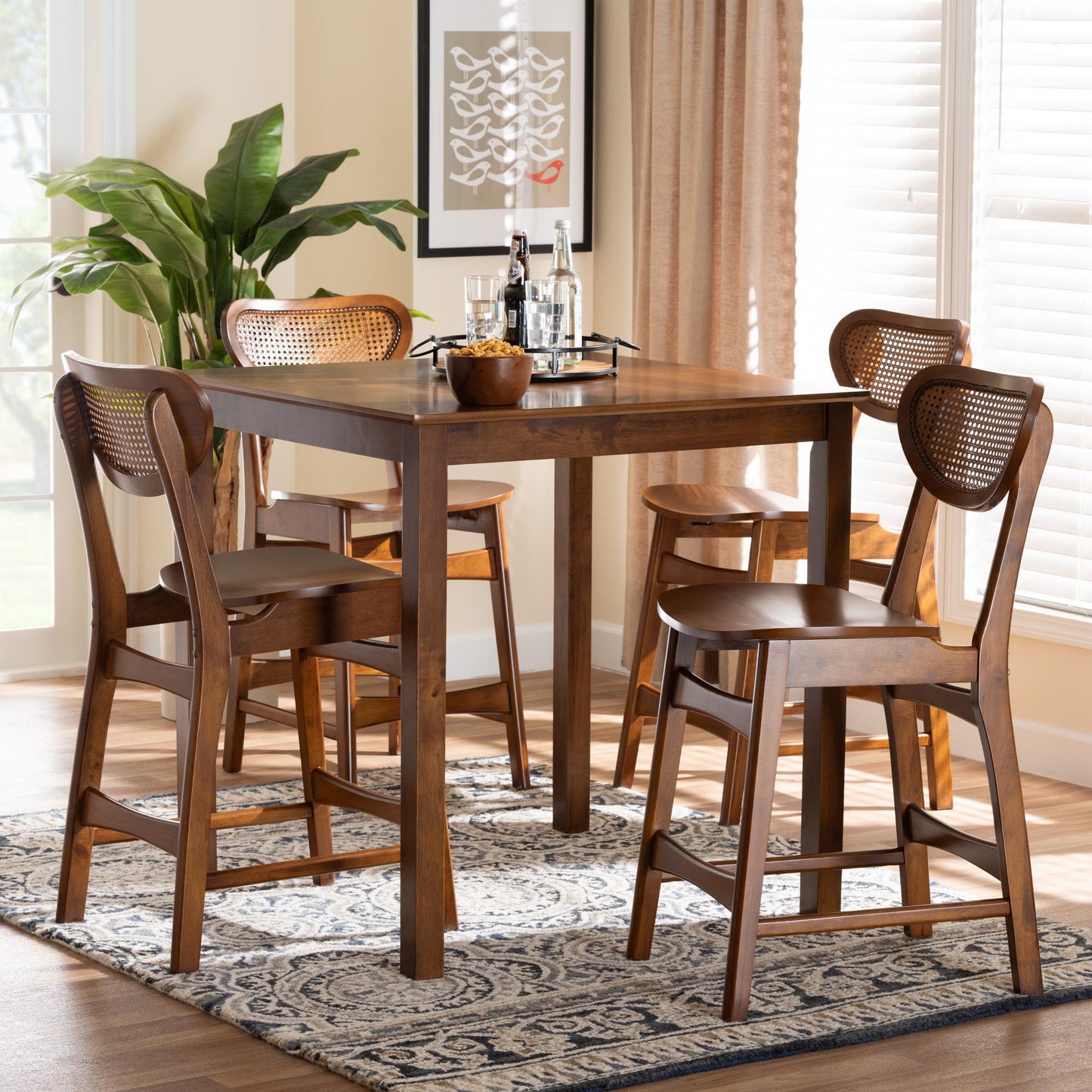 Baxton Studio Hesper Mid-Century Modern Walnut Brown Finished Wood and Rattan 5-Piece Pub Set | Bar Stools & Table | Modishstore