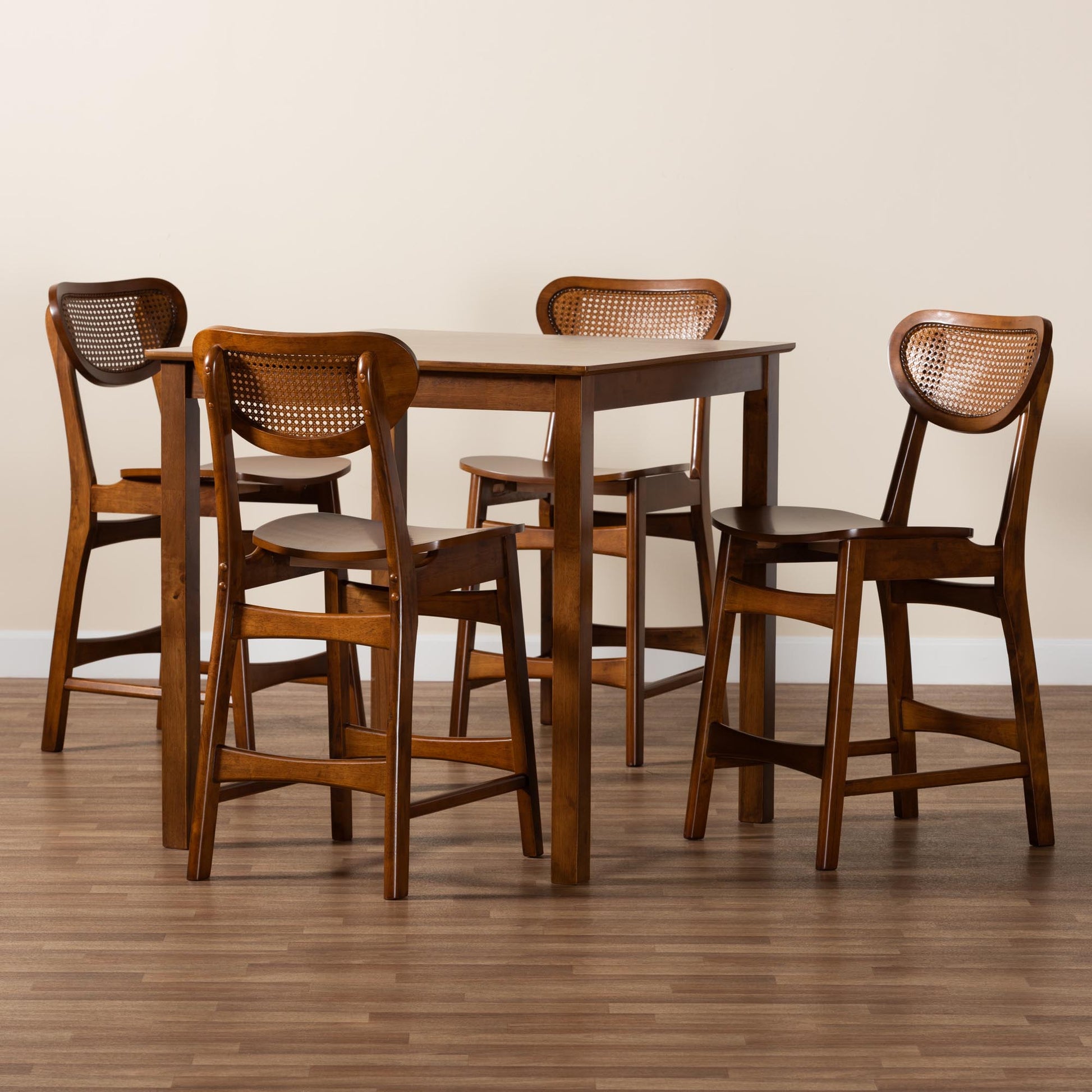 Baxton Studio Hesper Mid-Century Modern Walnut Brown Finished Wood and Rattan 5-Piece Pub Set | Bar Stools & Table | Modishstore - 2