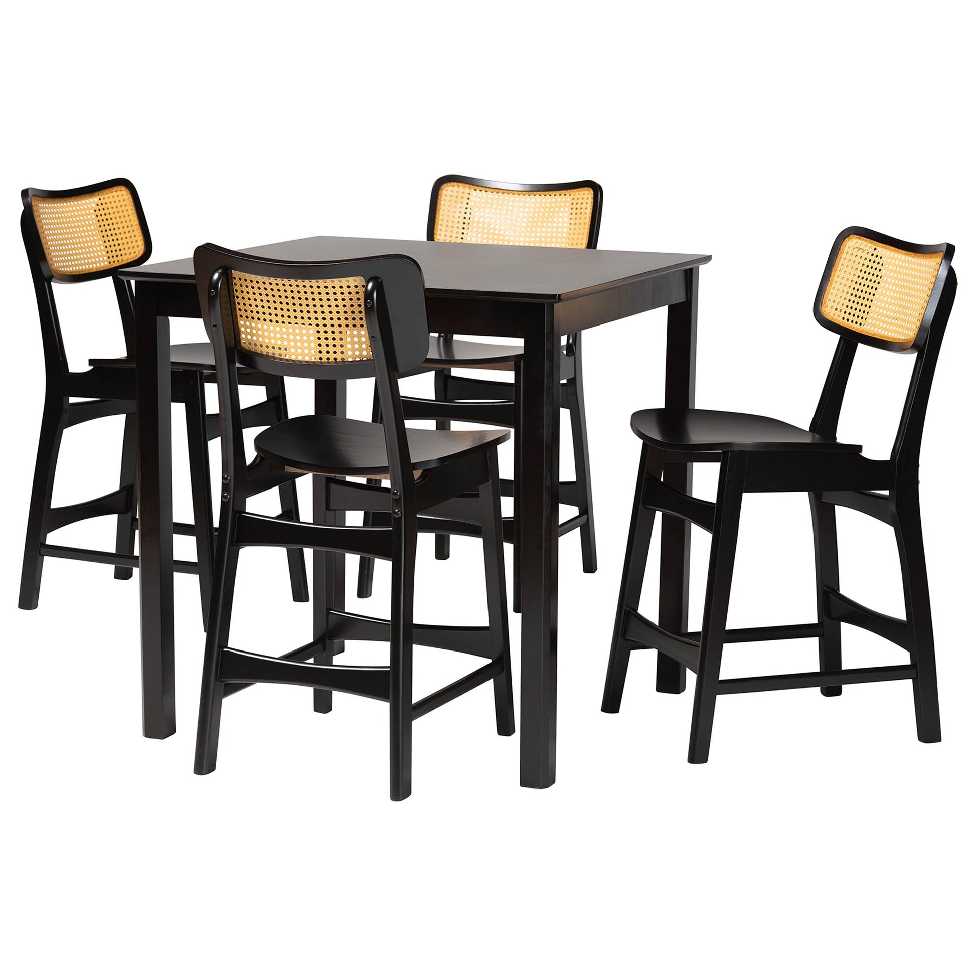 Baxton Studio Tafari Mid-Century Modern Dark Brown Finished Wood and Rattan Pub Set | Bar Stools & Table | Modishstore - 4