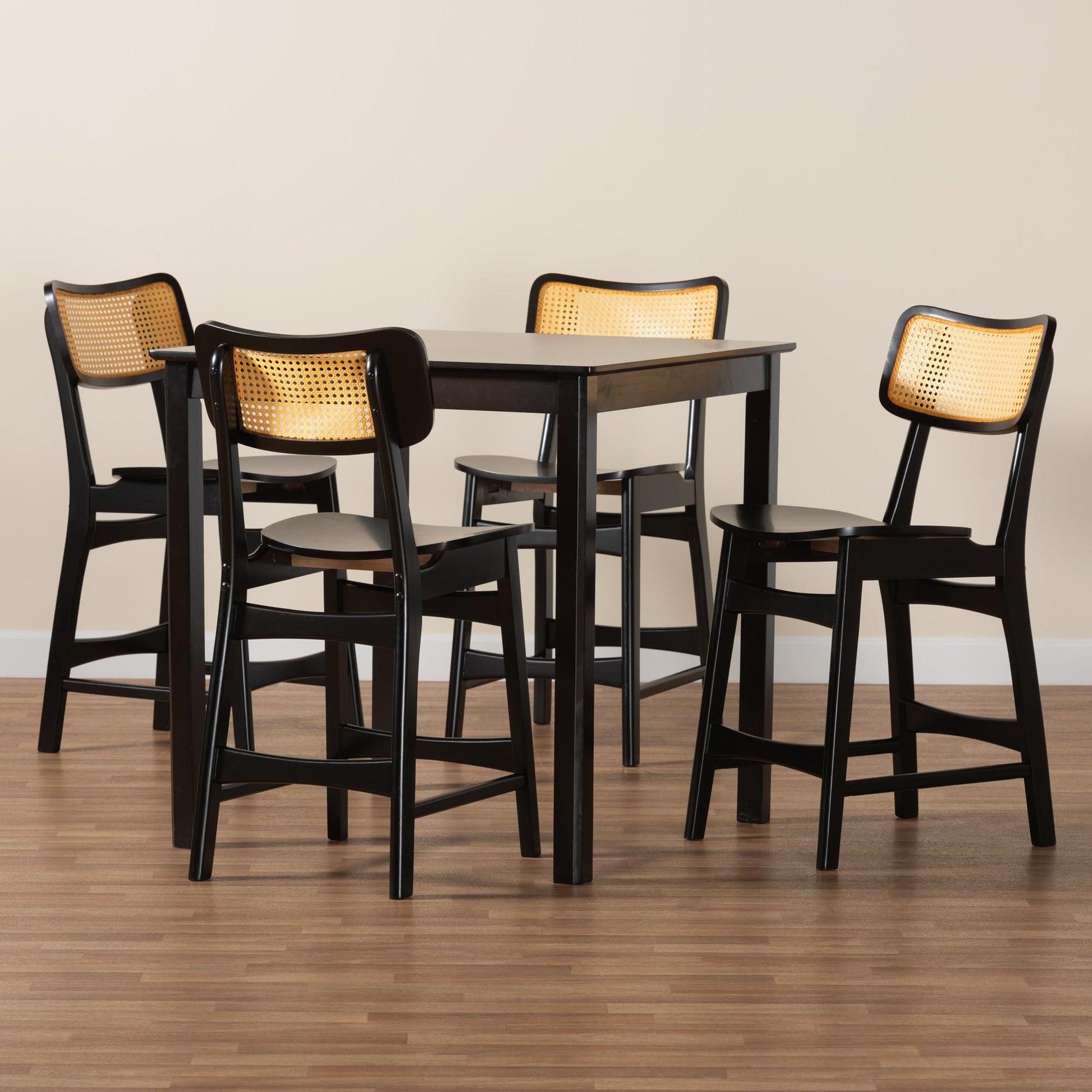 Baxton Studio Tafari Mid-Century Modern Dark Brown Finished Wood and Rattan Pub Set | Bar Stools & Table | Modishstore - 2